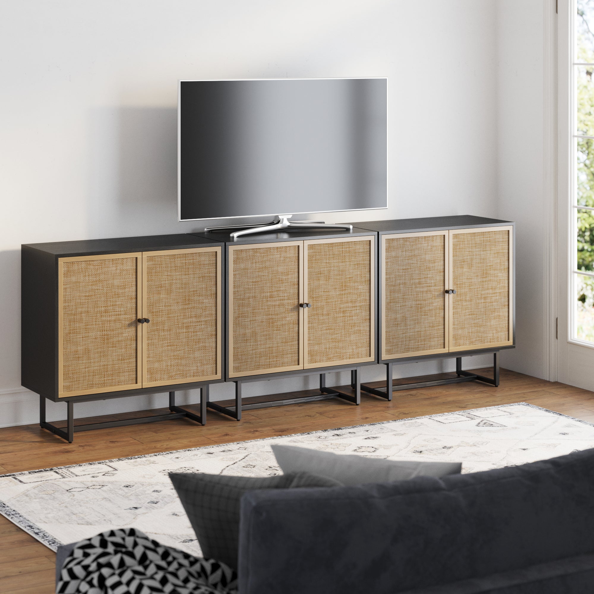 Rattan Storage Cabinet Credenza Black (Set of 3) - Nathan James