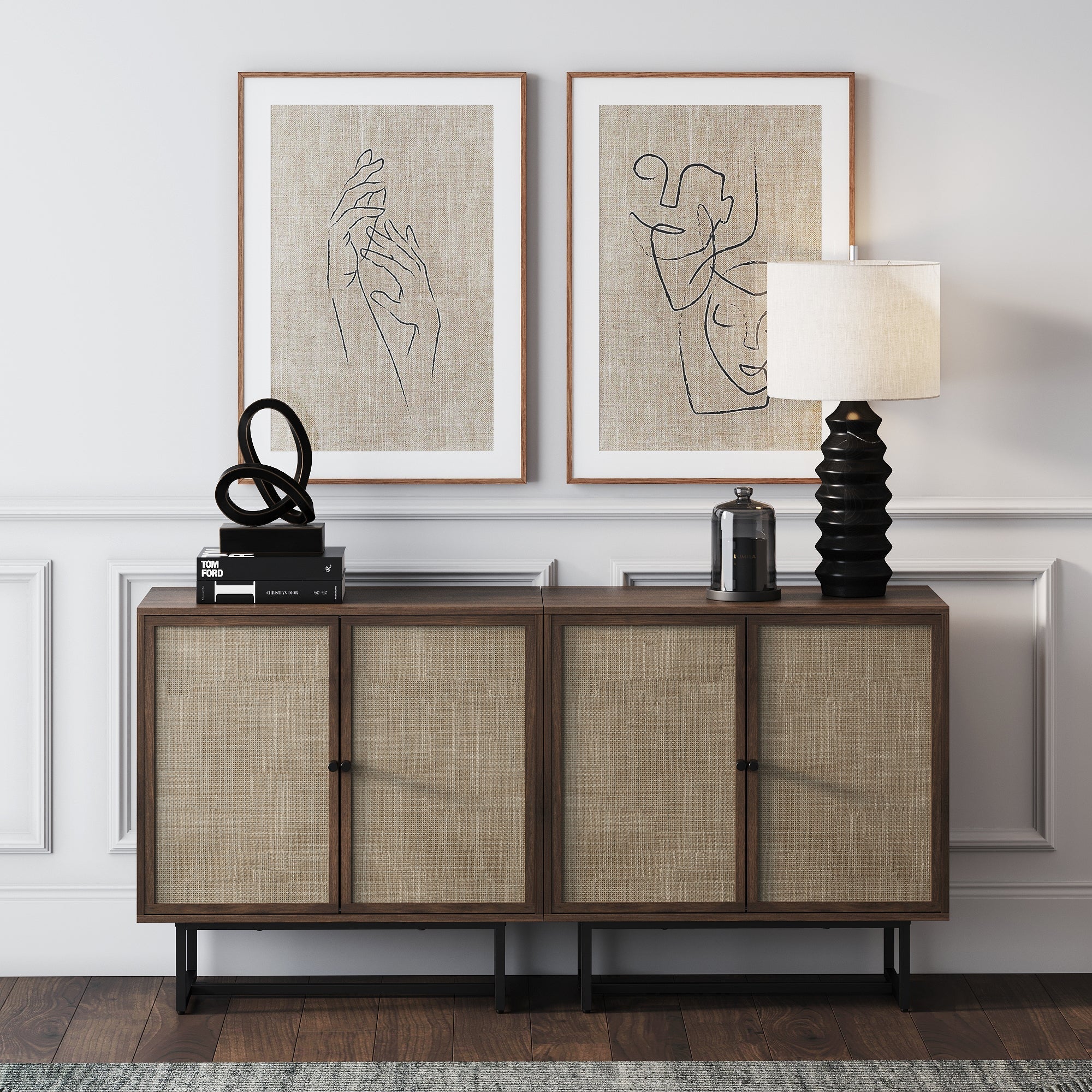 Rattan Storage Cabinet Credenza Walnut (Set of 2) - Nathan James