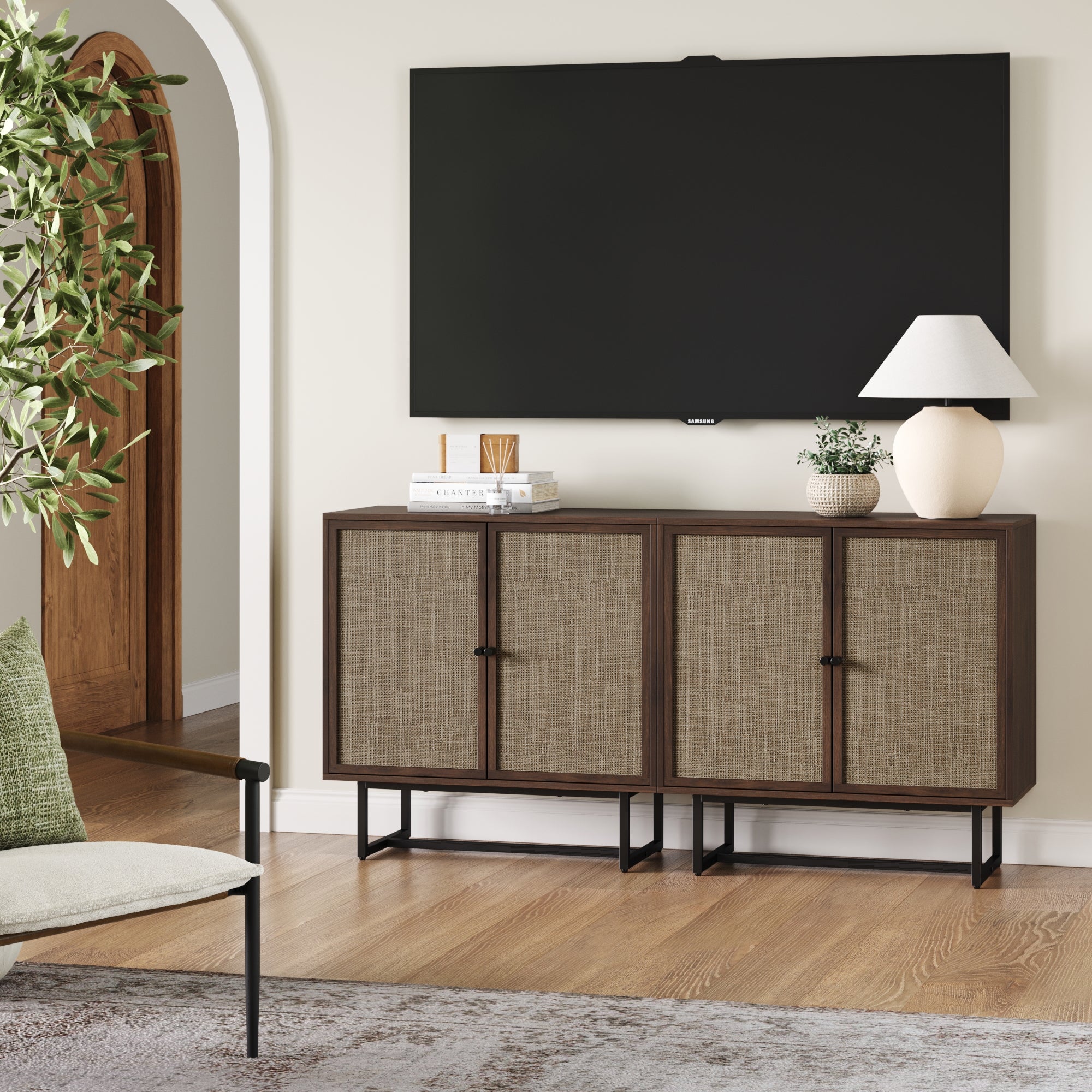 Metal and Rattan TV Stand Console for TVs 55 - 65" Walnut - Nathan James