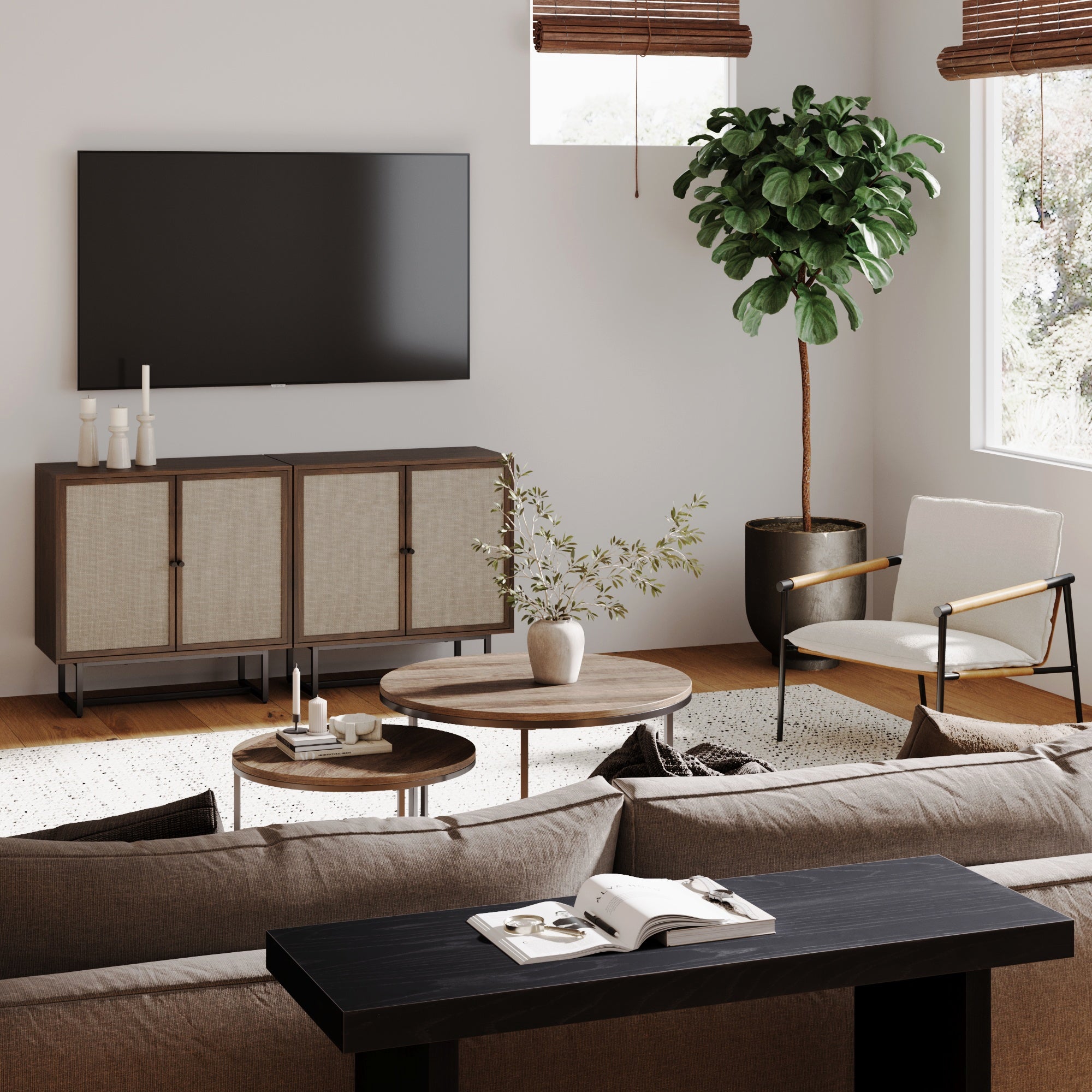 Metal and Rattan TV Stand Console for TVs 55 - 65" Walnut - Nathan James