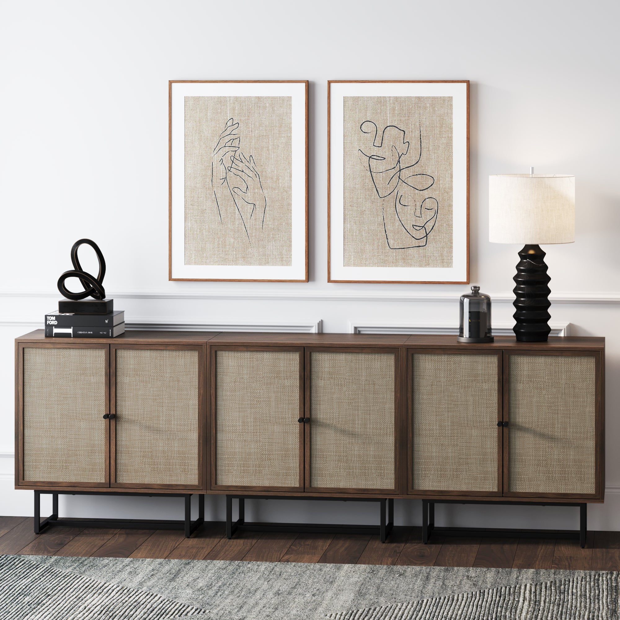 Rattan Storage Cabinet Credenza Walnut (Set of 3) - Nathan James