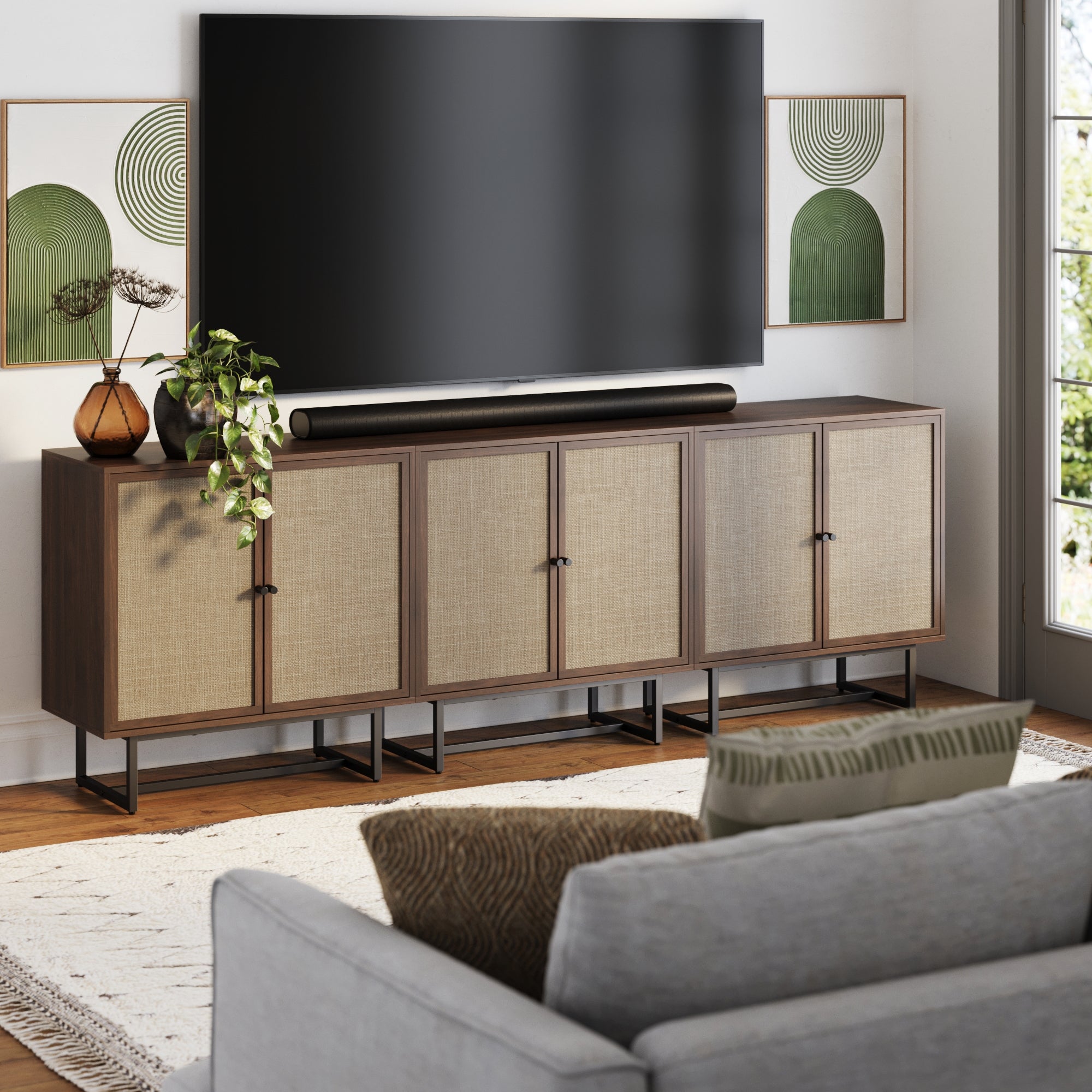 Metal and Rattan TV Stand Console for TVs 75 - 85" Walnut - Nathan James