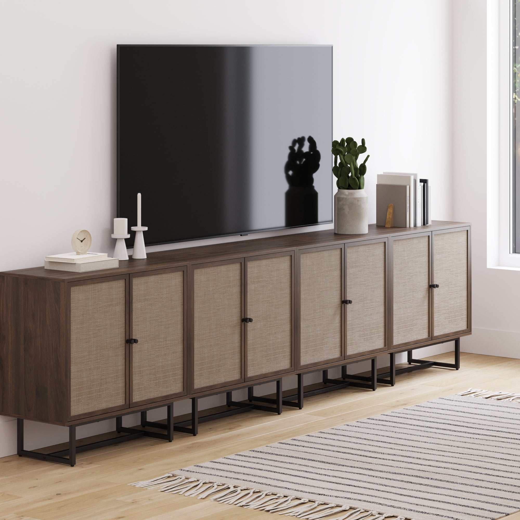 Metal and Rattan TV Stand Console for TVs 85" Walnut - Nathan James