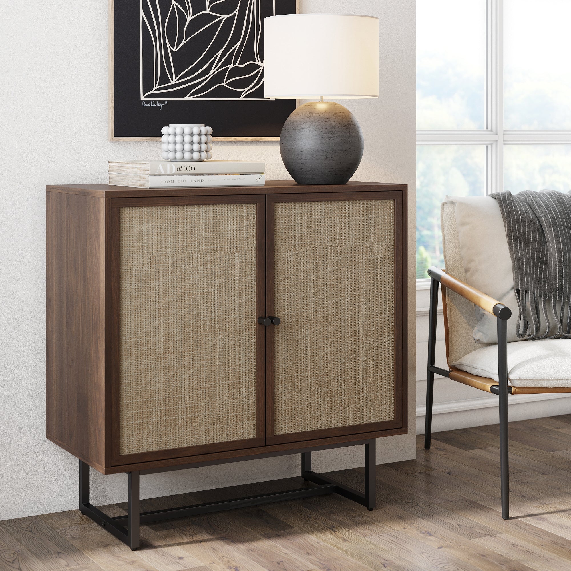 Wood & Rattan Storage Cabinet Walnut - Nathan James