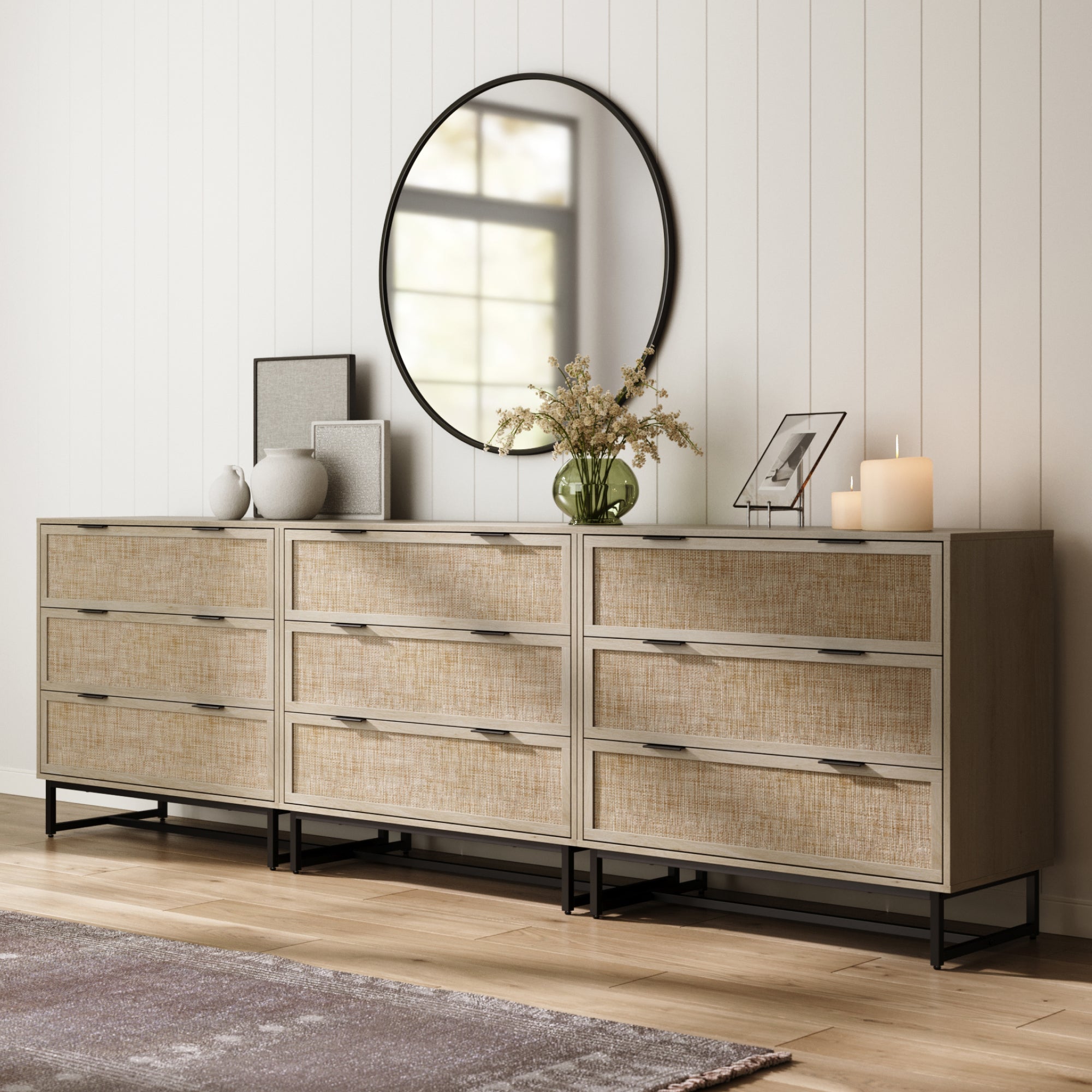 Rattan, Wood & Metal 3 - Drawer Large Dresser Oak (Set of 3) - Nathan James