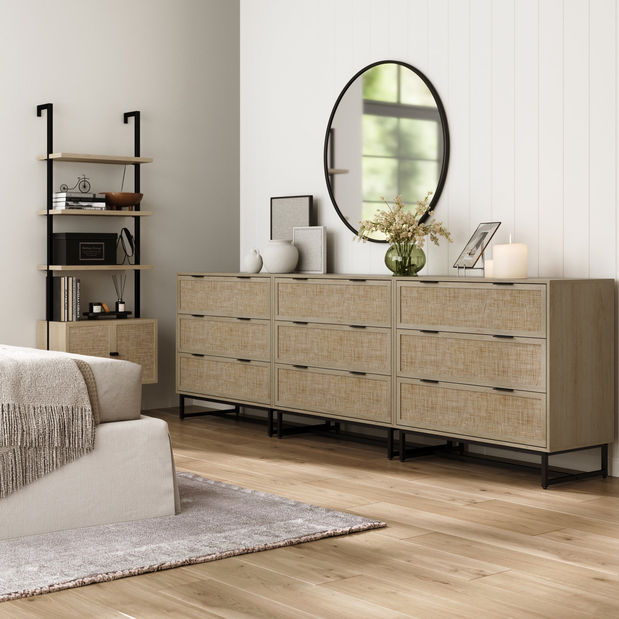 Rattan, Wood & Metal 3 - Drawer Large Dresser Oak (Set of 3) - Nathan James