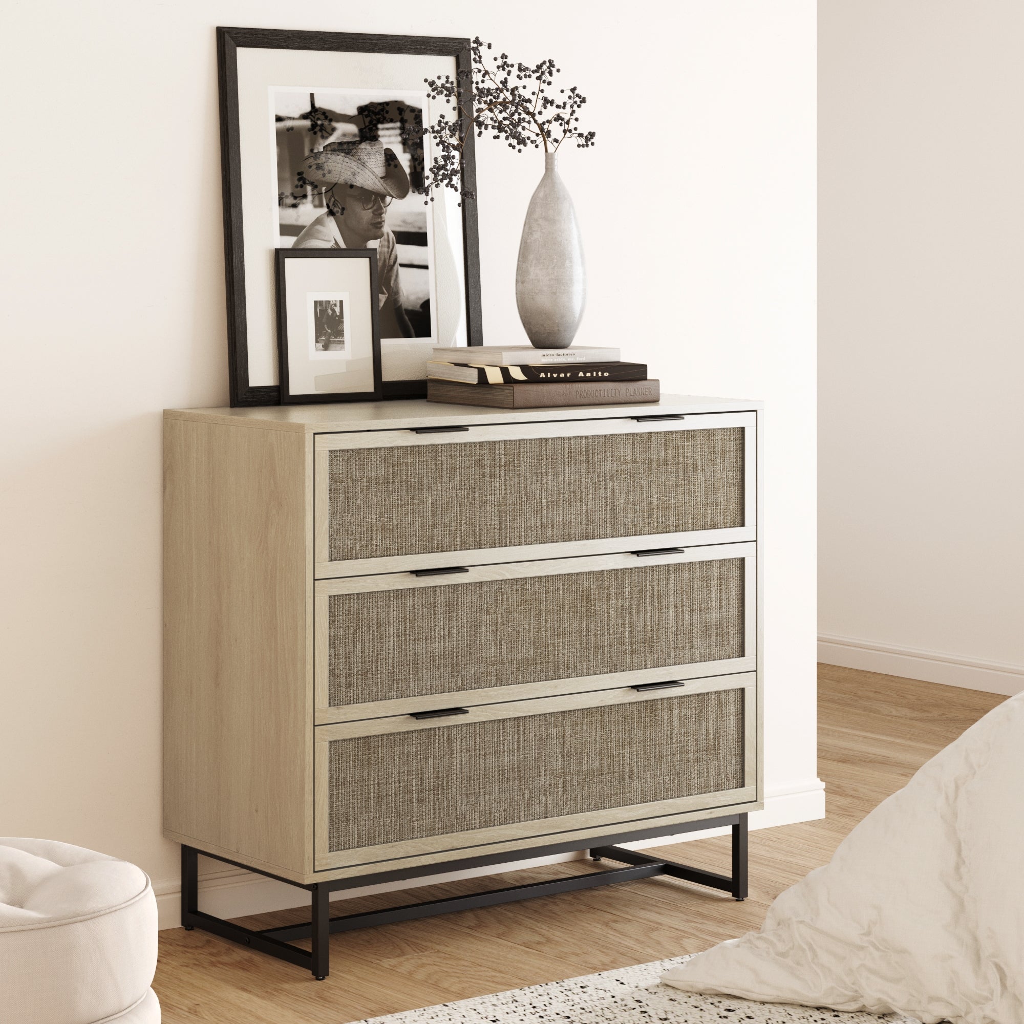 Rattan, Wood & Metal 3 - Drawer Dresser Light Oak - Nathan James