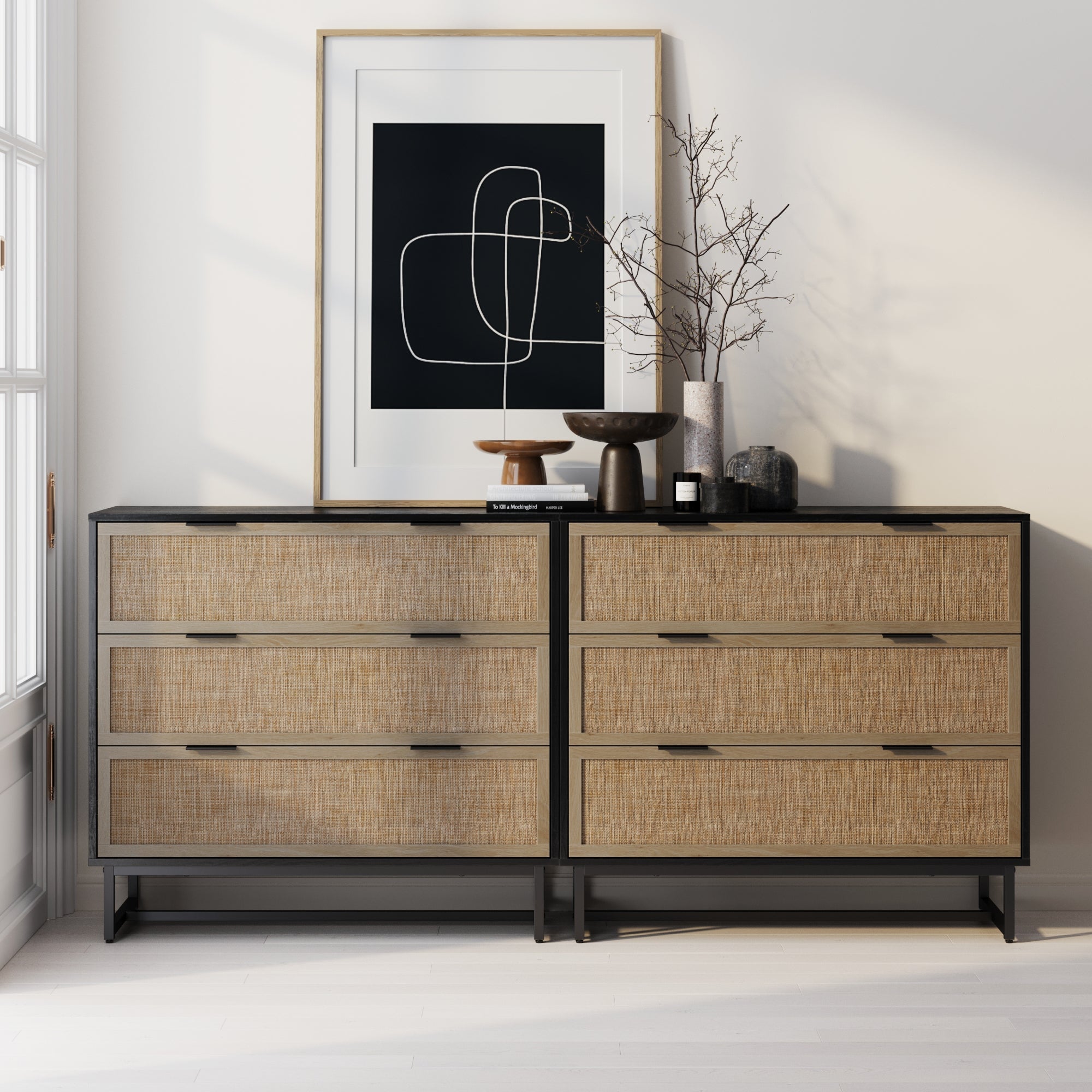 Rattan, Wood & Metal 3 - Drawer Dressers Black (Set of 2) - Nathan James