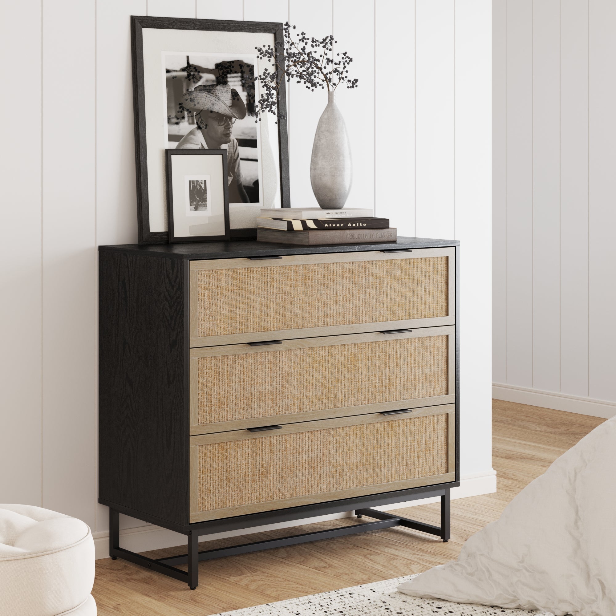 Rattan, Wood & Metal 3 - Drawer Dresser Black - Nathan James