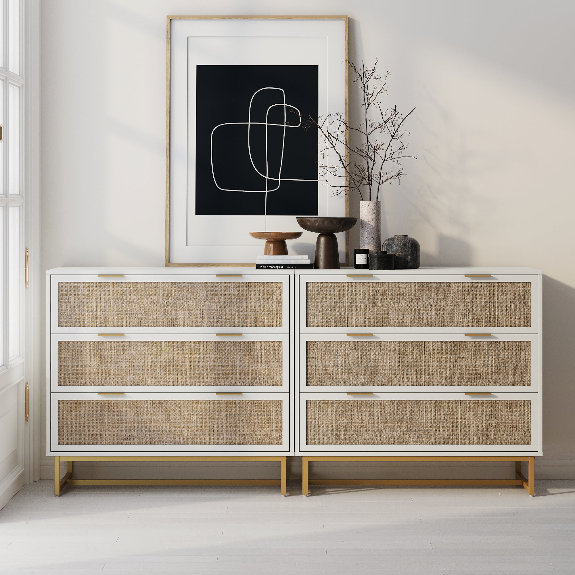 Rattan, Wood & Metal 3 - Drawer Dressers White (Set of 2) - Nathan James