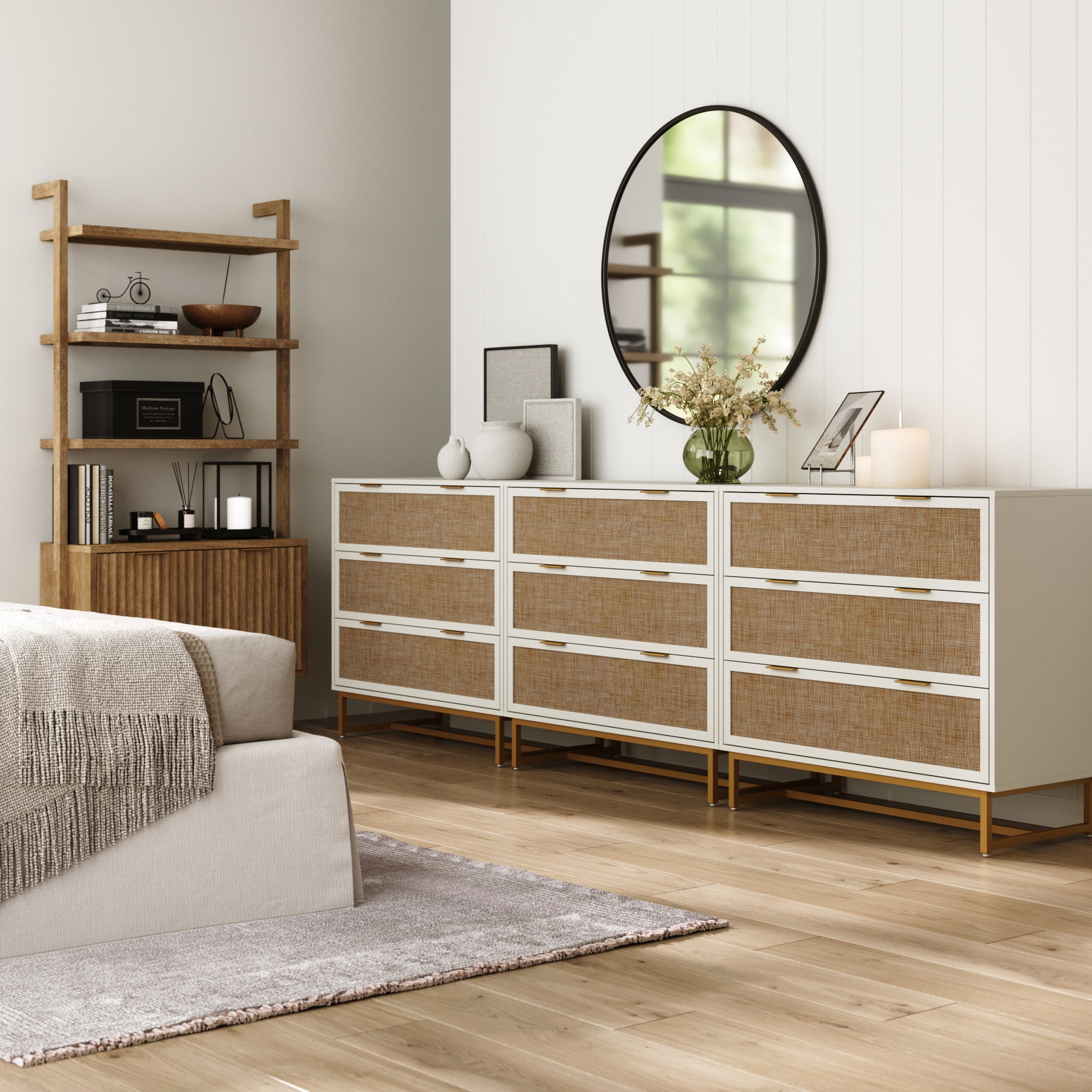 Rattan, Wood & Metal 3 - Drawer Dressers White (Set of 3) - Nathan James