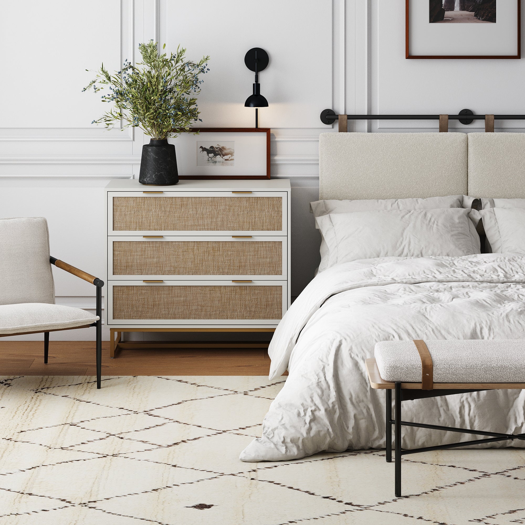 Rattan, Wood & Metal 3 - Drawer Dresser White - Nathan James