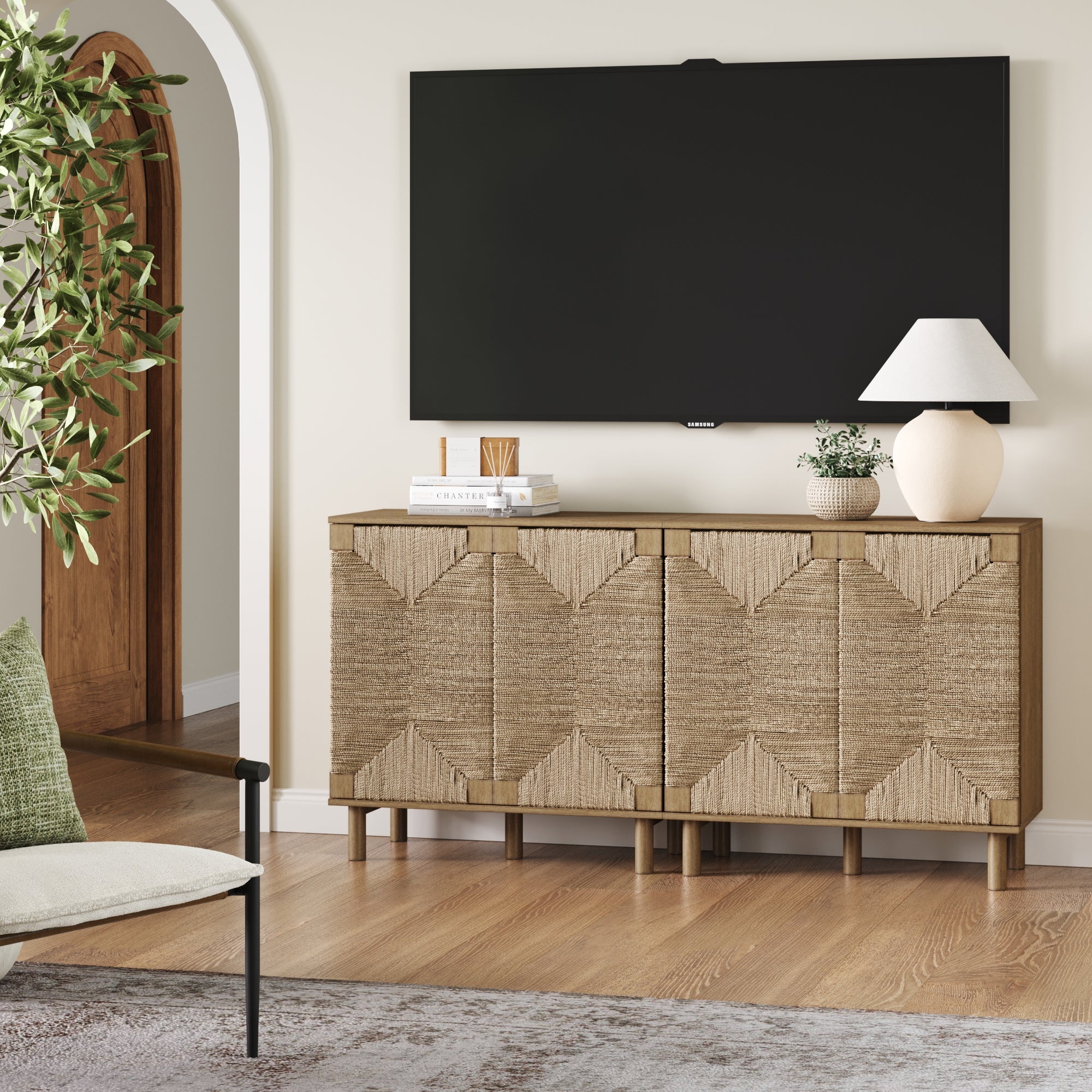 Wood TV Console for TVs 55 - 65" with Seagrass Doors Light Brown - Nathan James