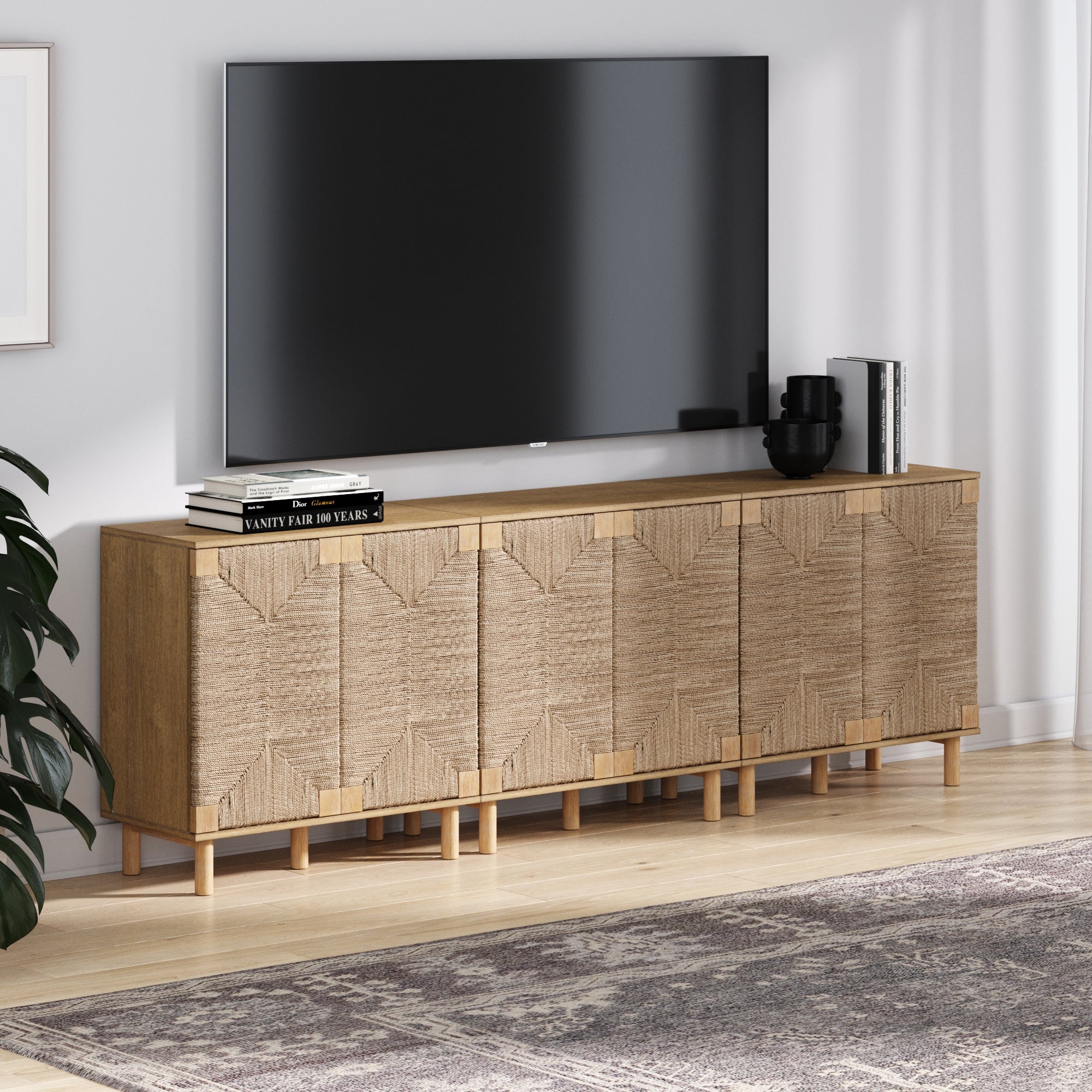 Wood TV Console for TVs 75 - 85" with Seagrass Doors Light Brown - Nathan James