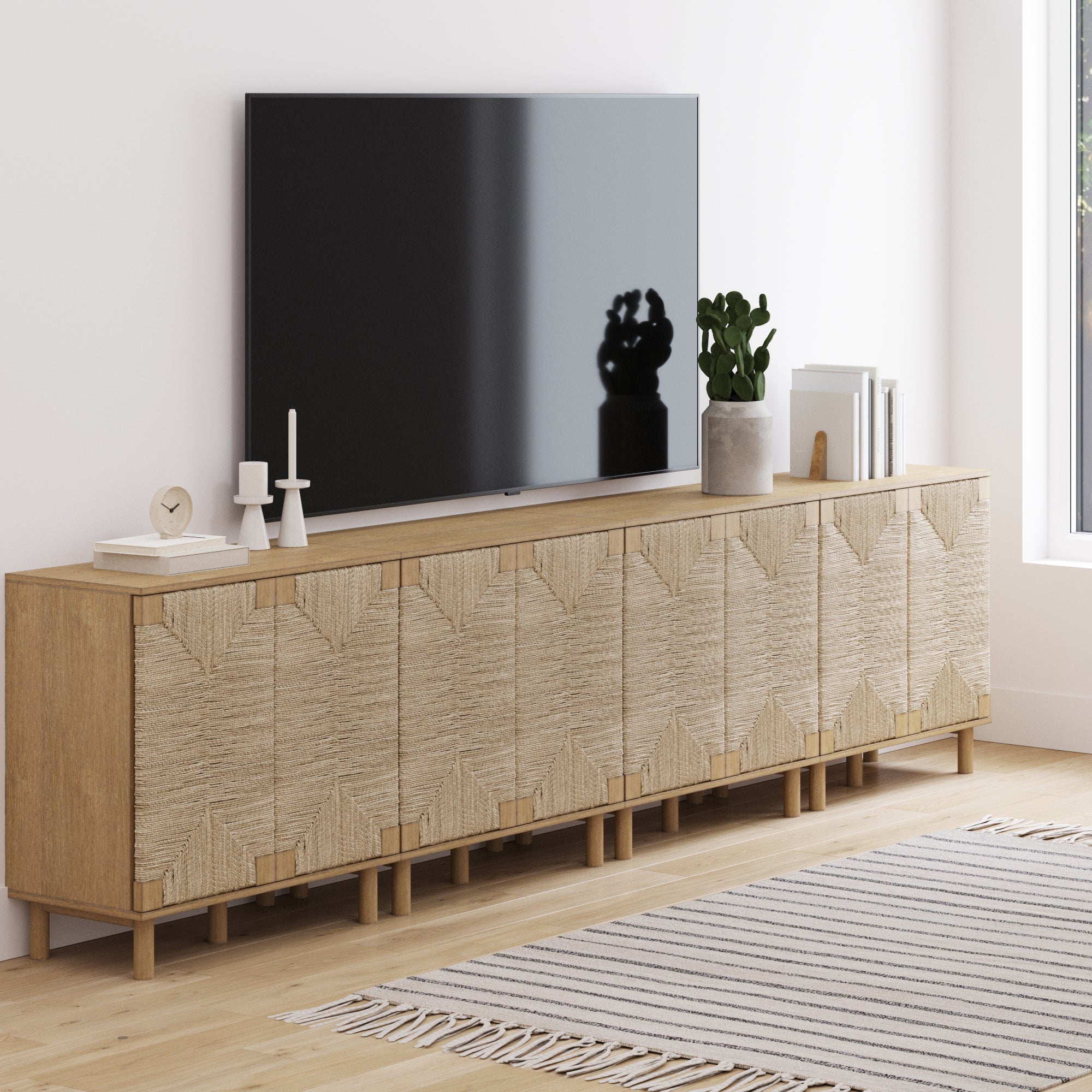 Wood TV Console for TVs 85" with Seagrass Doors Light Brown - Nathan James