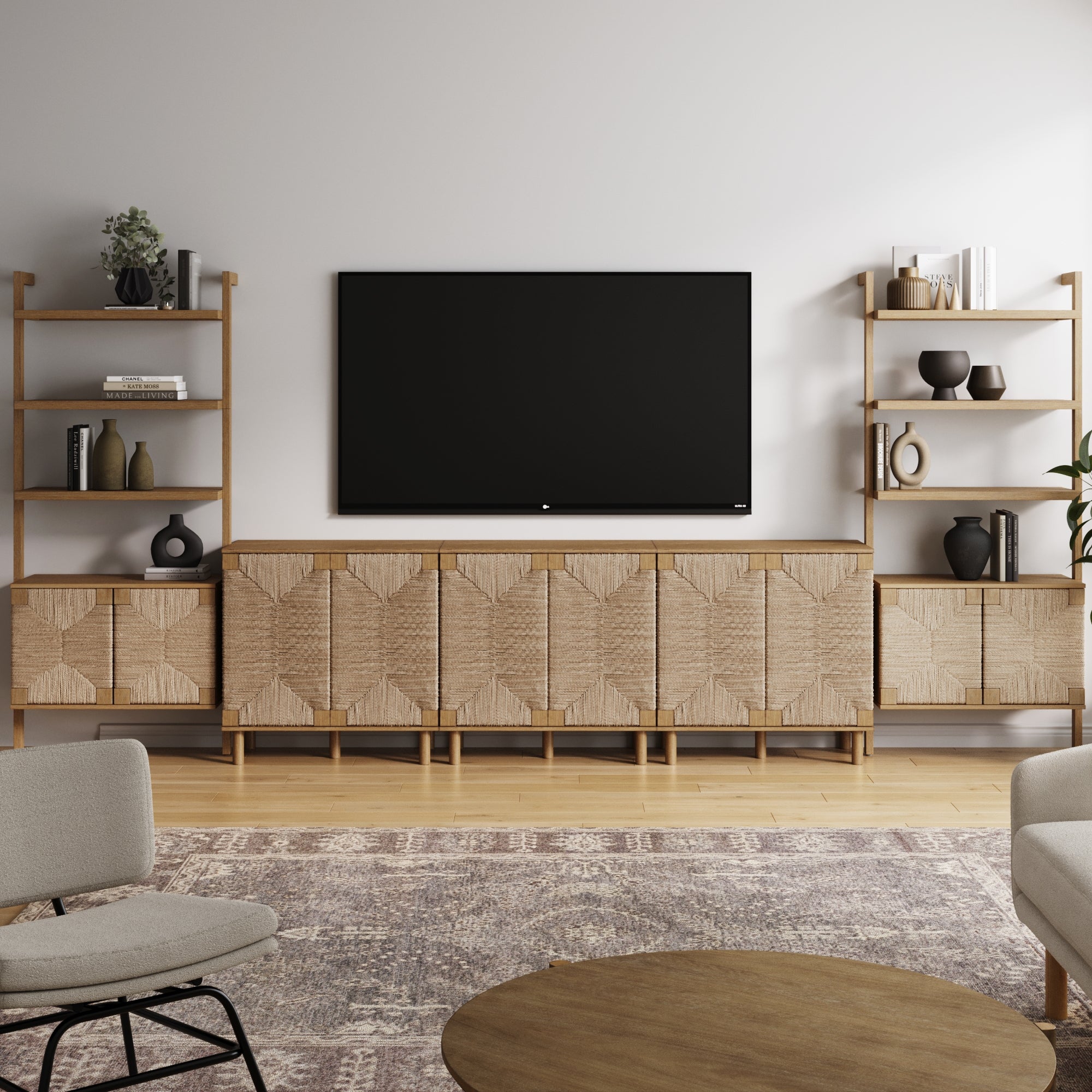 Boho Seagrass Entertainment Center Light Brown (3 Cabinets) - Nathan James