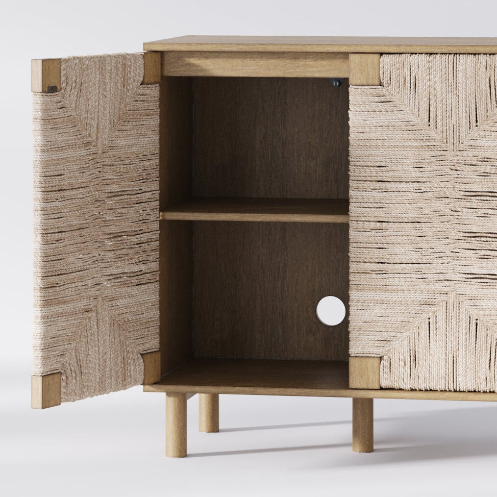 Wooden cabinet with two shelves and doors featuring woven rope panels, shown with one door partially open.
