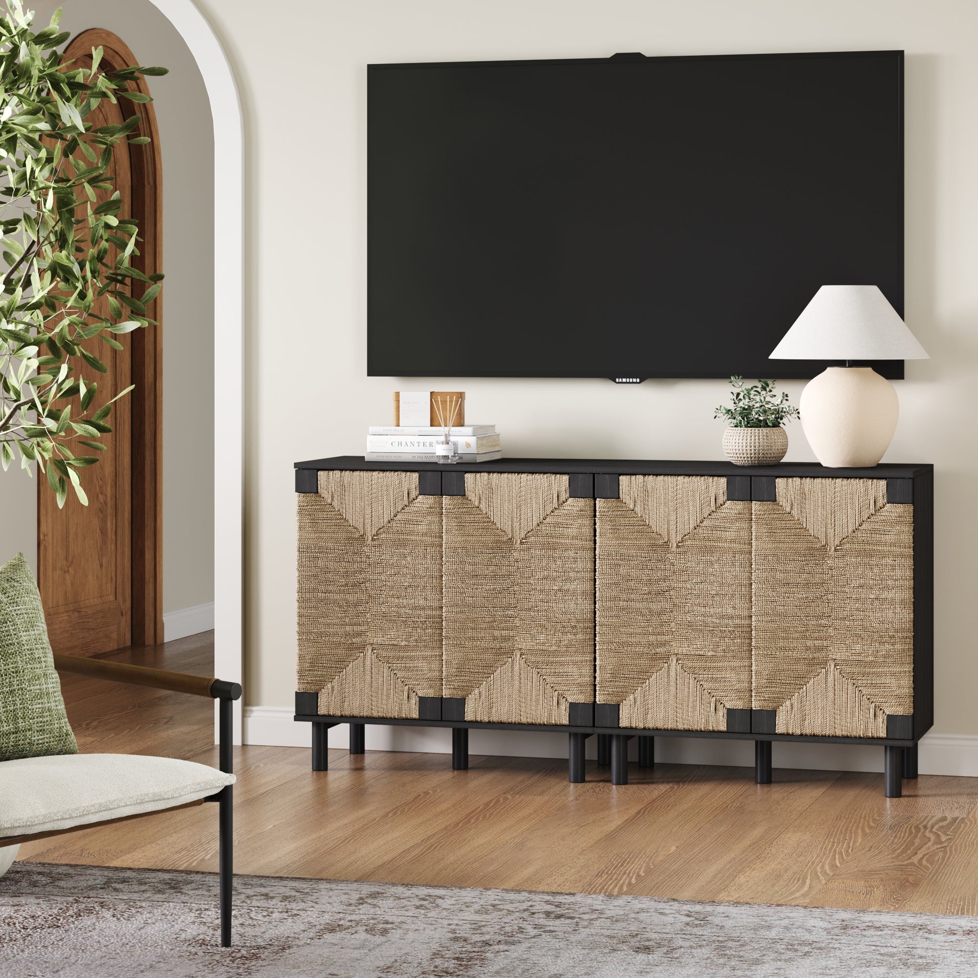Wood TV Console for TVs 55 - 65" with Seagrass Doors Brushed Black - Nathan James