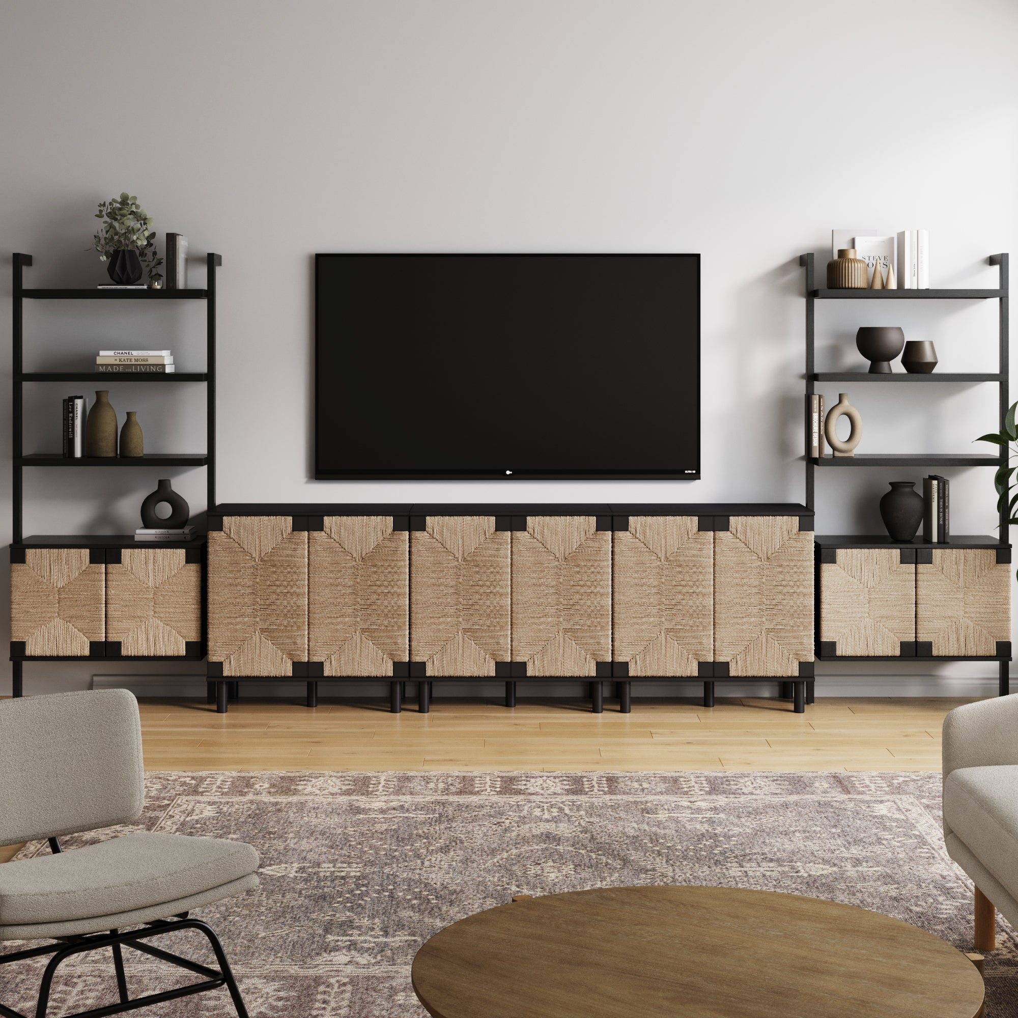 Boho Seagrass Entertainment Center Black (3 Cabinets) - Nathan James