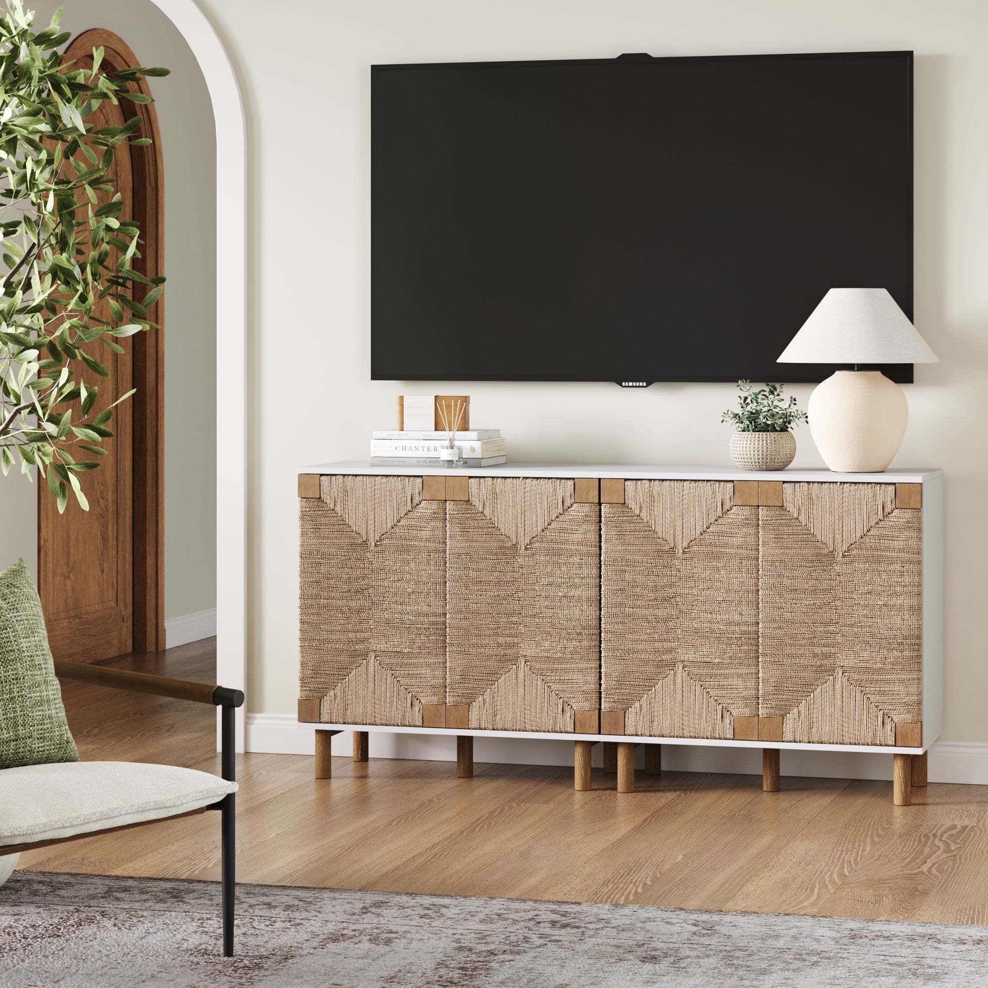 Wood TV Console for TVs 55 - 65" with Seagrass Doors White - Nathan James