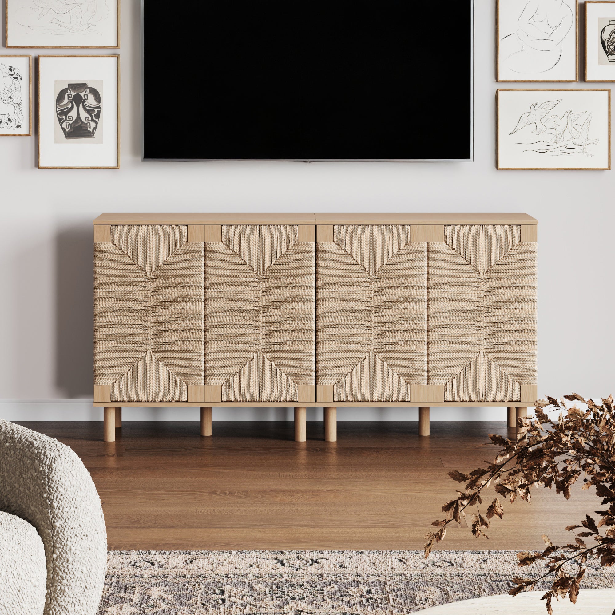Wood TV Console for TVs 55 - 65" with Seagrass Doors Raw Oak - Nathan James