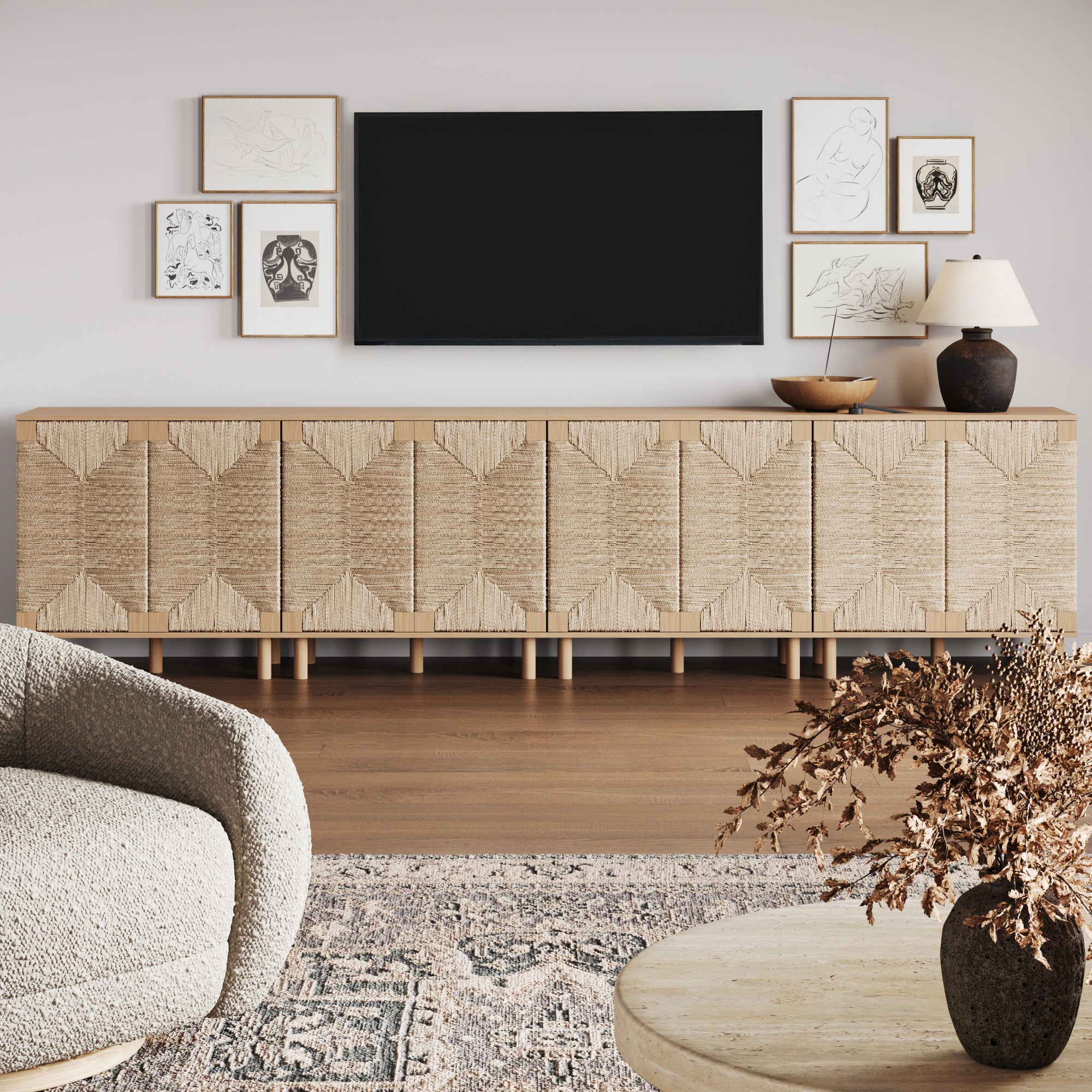 Wood TV Console for TVs 85" with Seagrass Doors Raw Oak - Nathan James