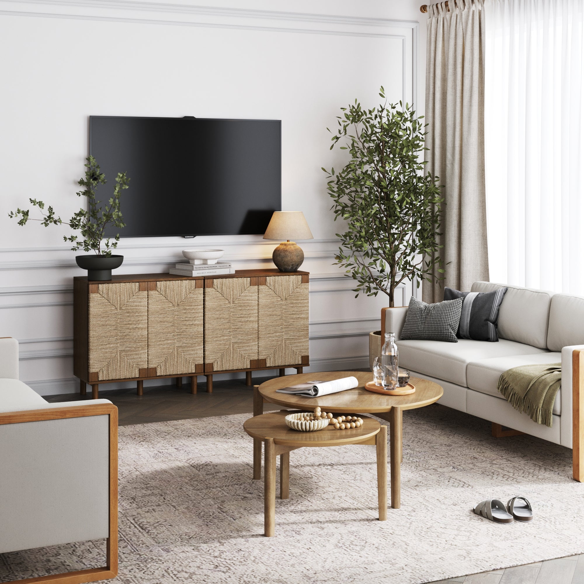 Wood TV Console for TVs 55 - 65" with Seagrass Doors Dark Brown - Nathan James