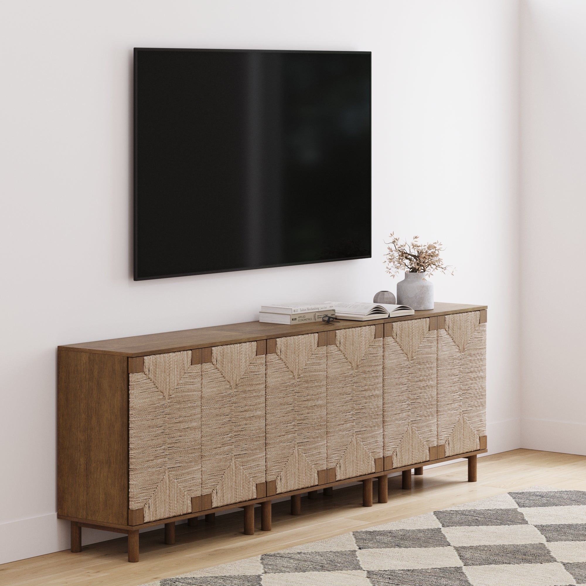 Wood TV Console for TVs 75 - 85" with Seagrass Doors Dark Brown - Nathan James