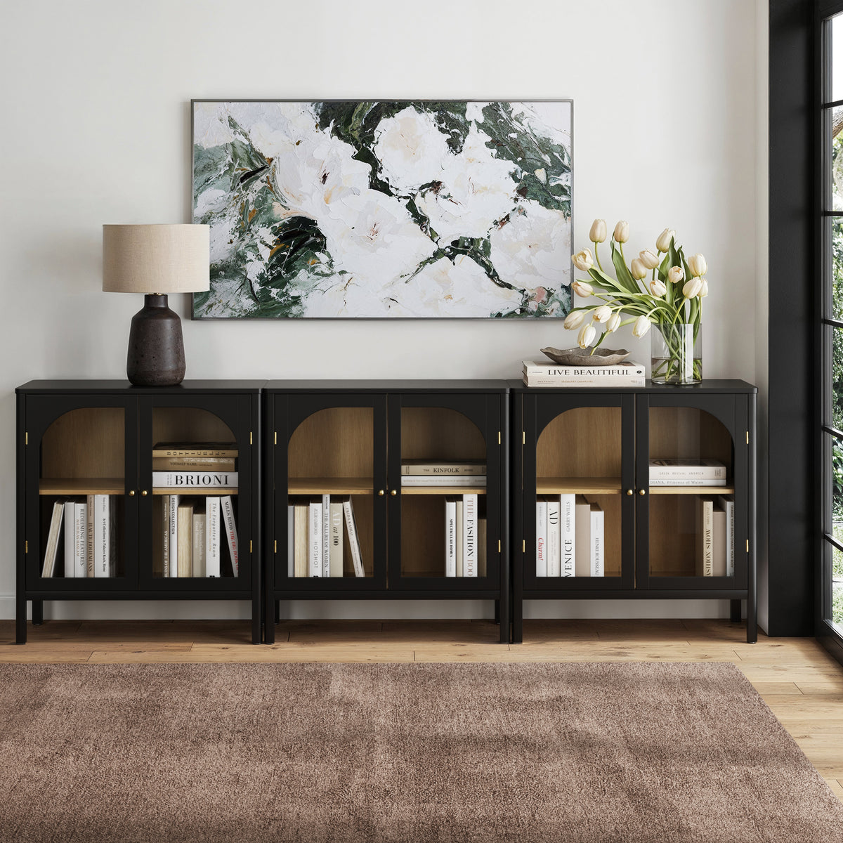 Curio Cabinet Credenza with Glass Door Black (Set of 3)