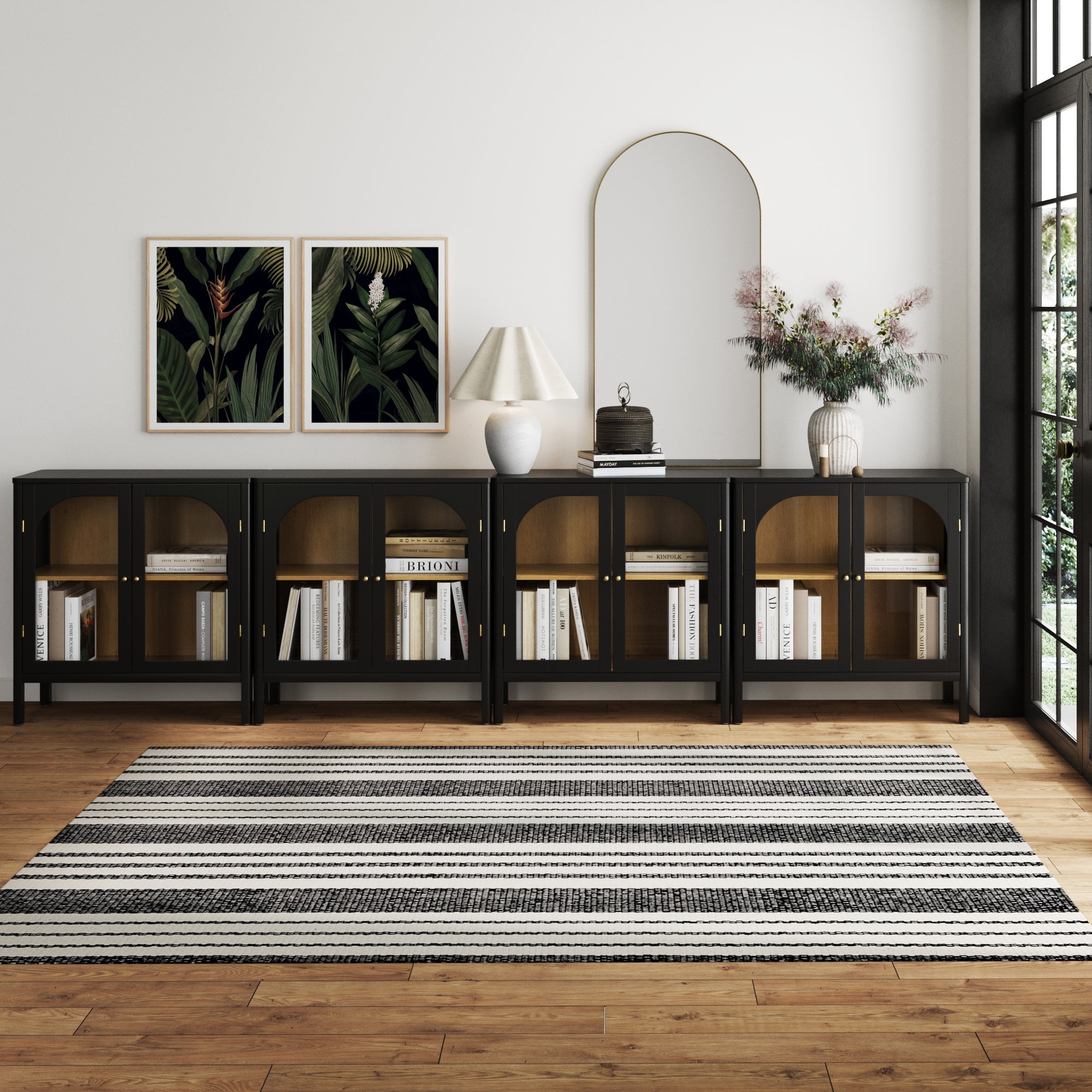 Large Glass Door Curio Cabinet Credenza Black (Set of 4) - Nathan James