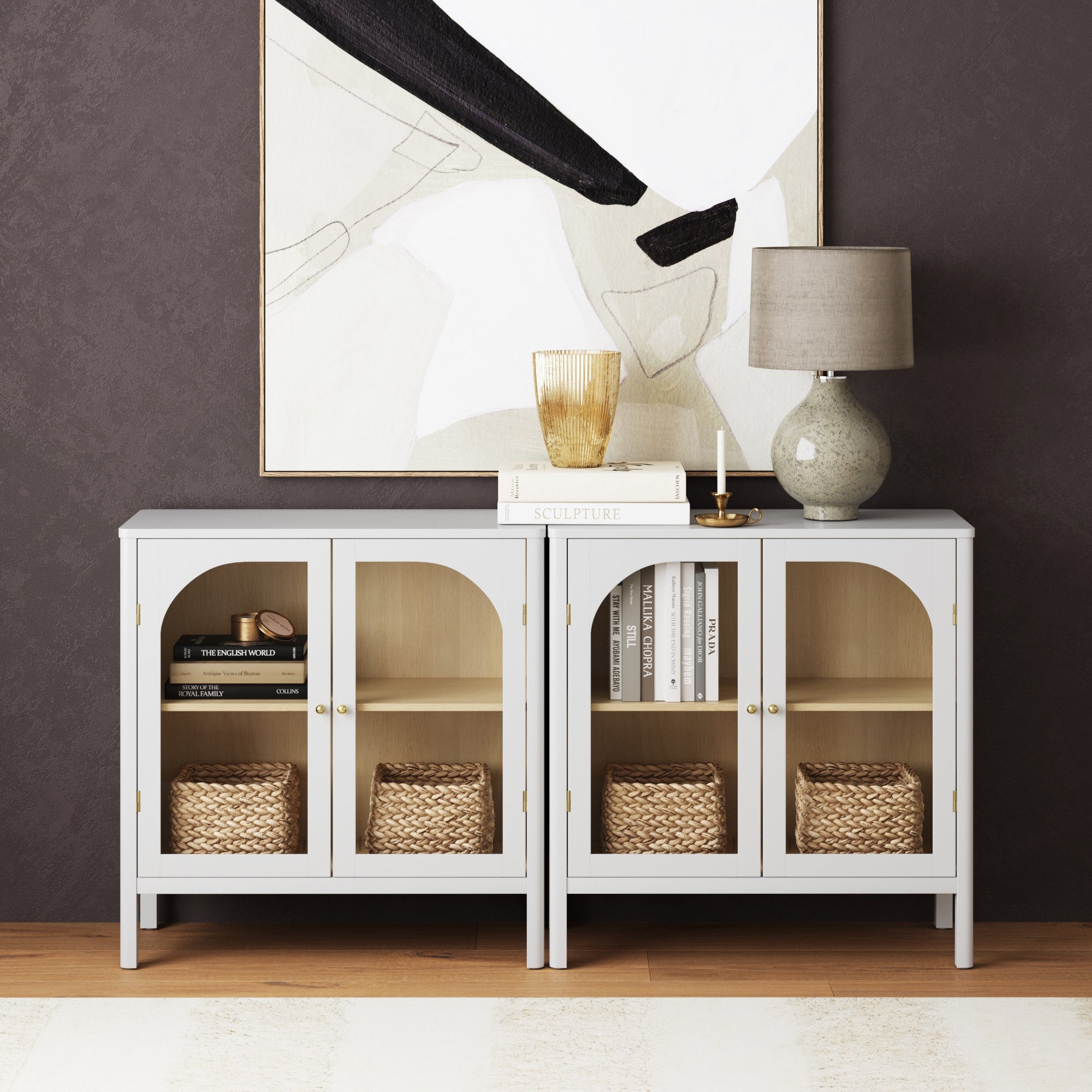 Curio Cabinet Credenza with Glass Door White (Set of 2) - Nathan James
