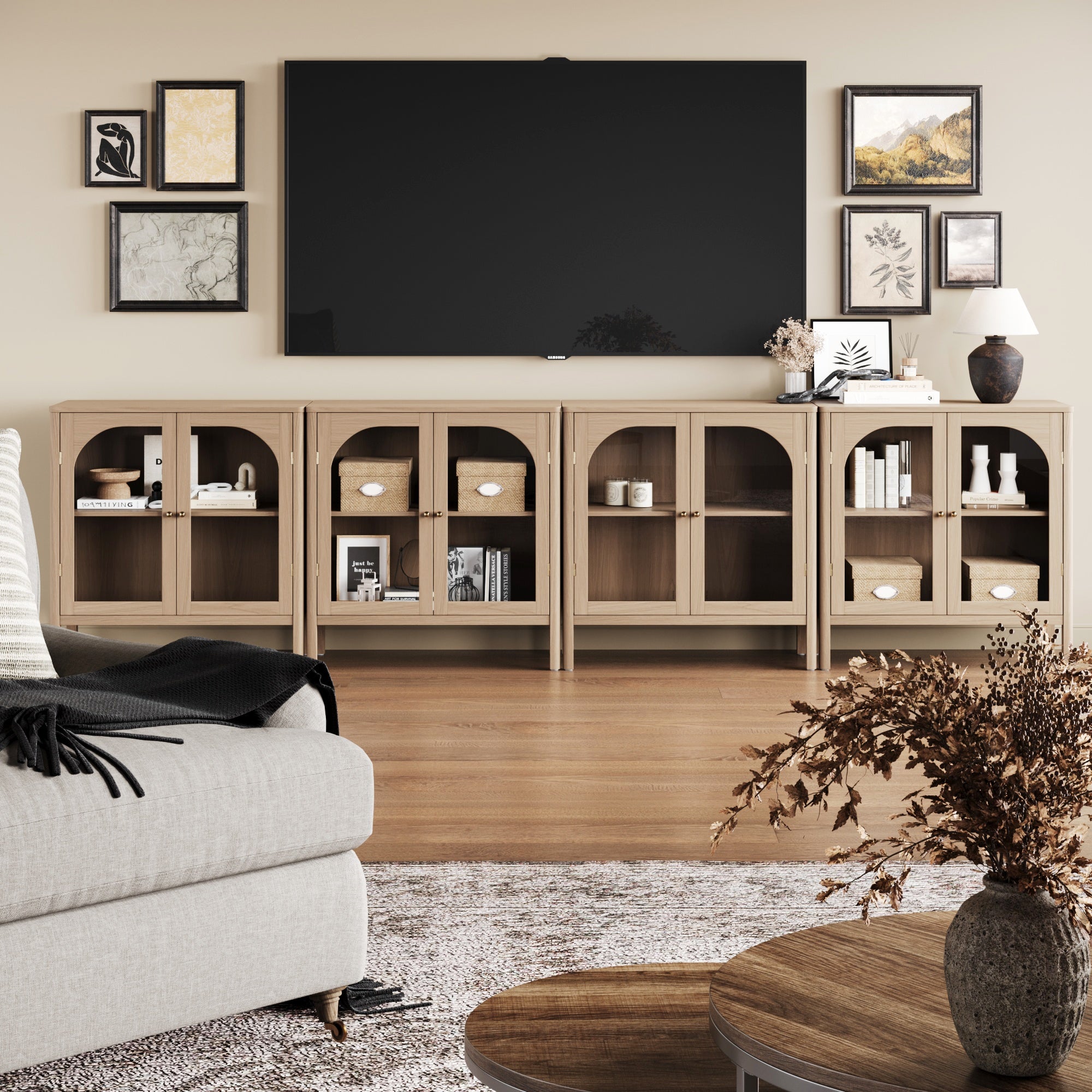 Arched Glass Door TV Console for 85" TVs Raw Oak - Nathan James