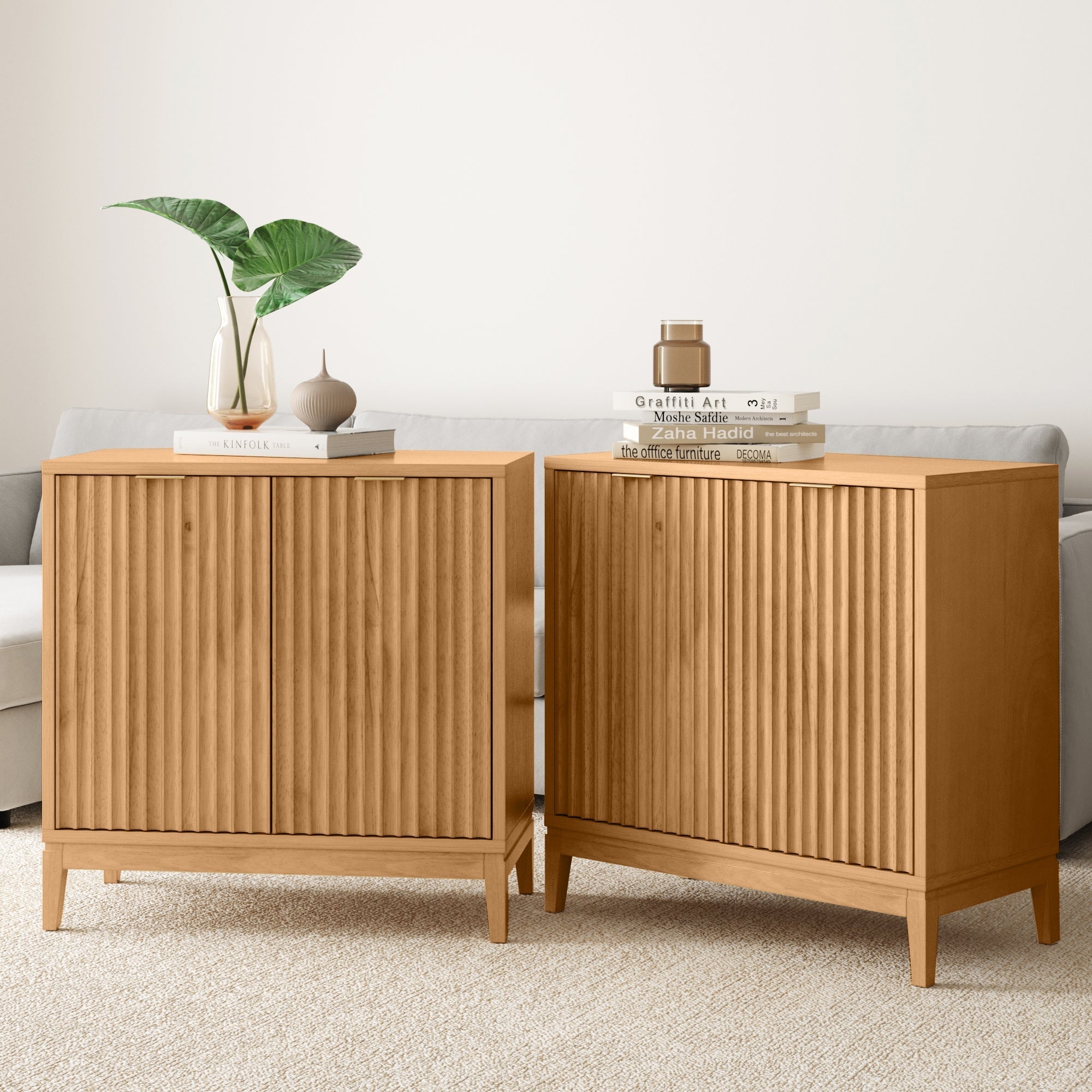 Mid - Century Fluted Storage Cabinet Credenza Warm Pine (Set of 2) - Nathan James