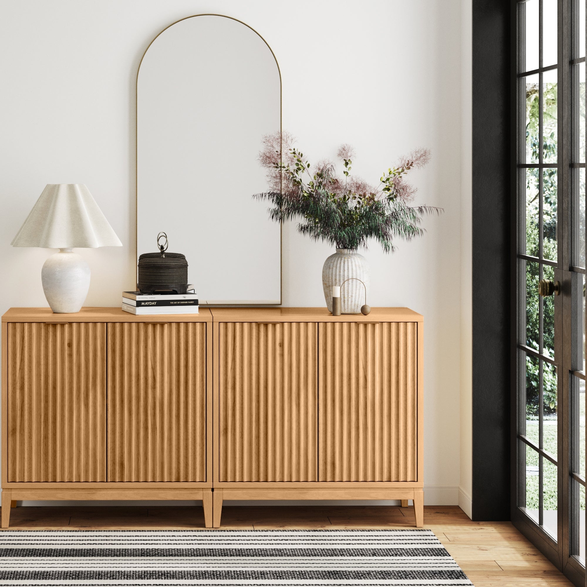 Mid - Century Fluted Storage Cabinet Credenza Warm Pine (Set of 2) - Nathan James