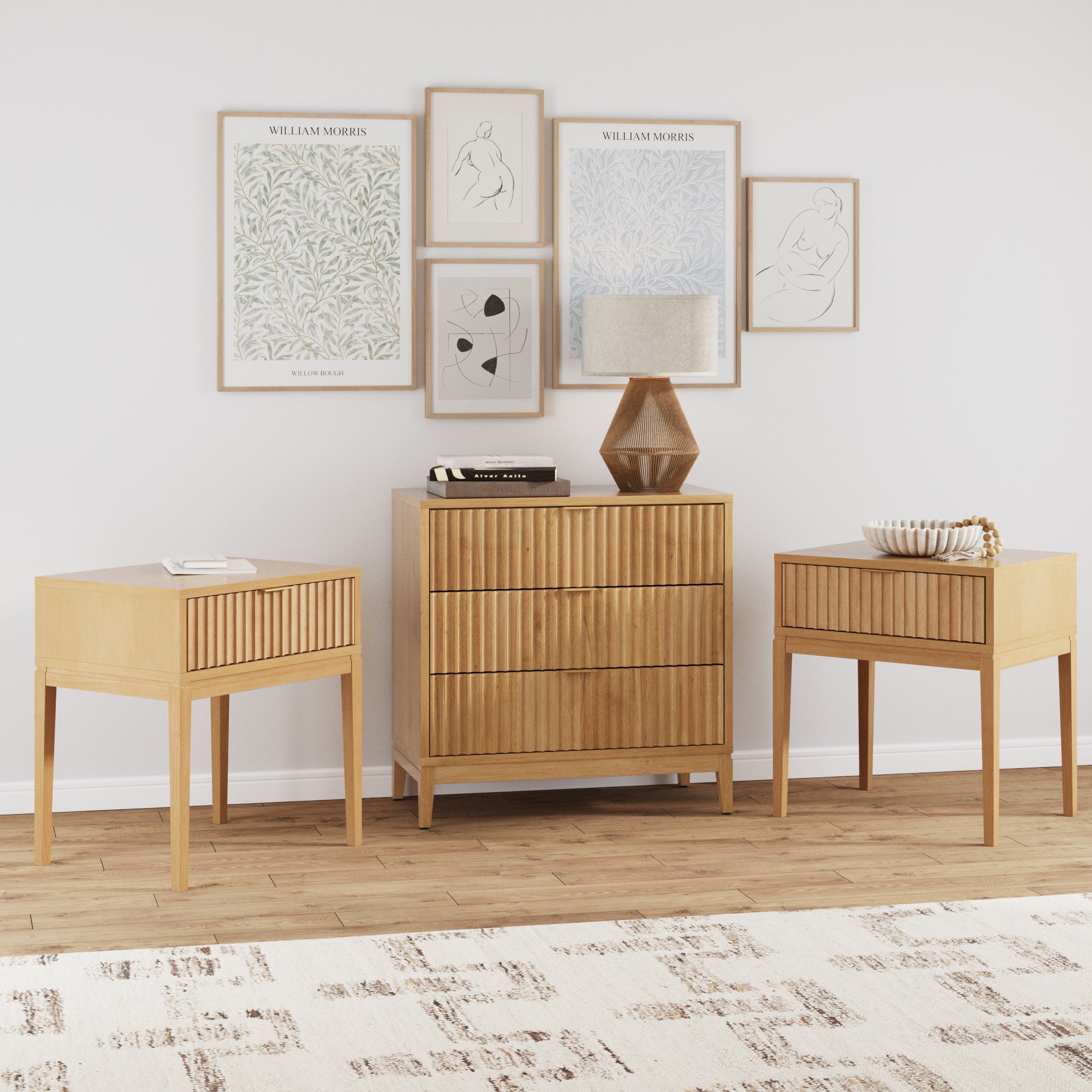 Fluted Dresser and 2 Nightstands Set Warm Pine - Nathan James