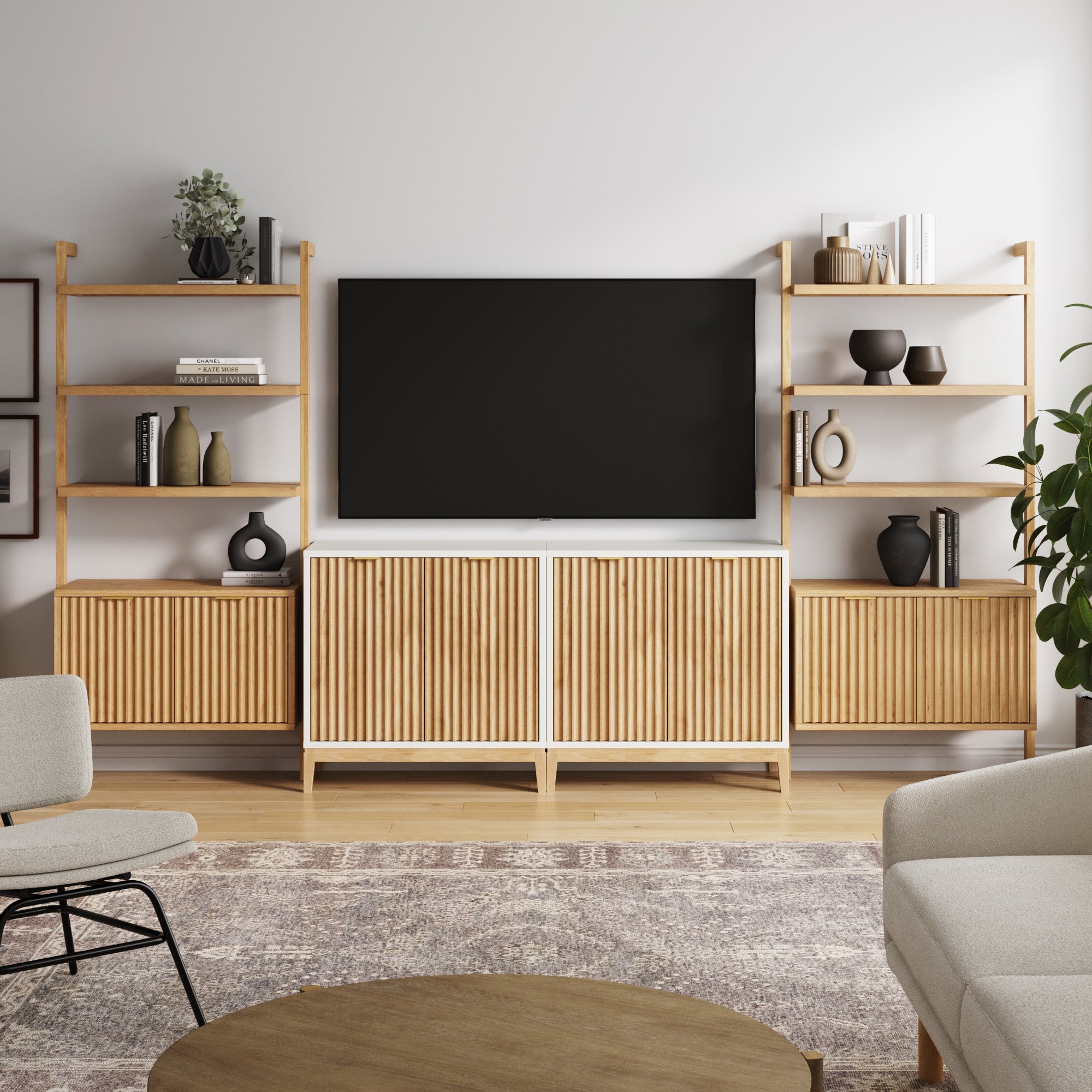 Mid - Century Entertainment Center Light Brown Warm White (2 Cabinets) - Nathan James