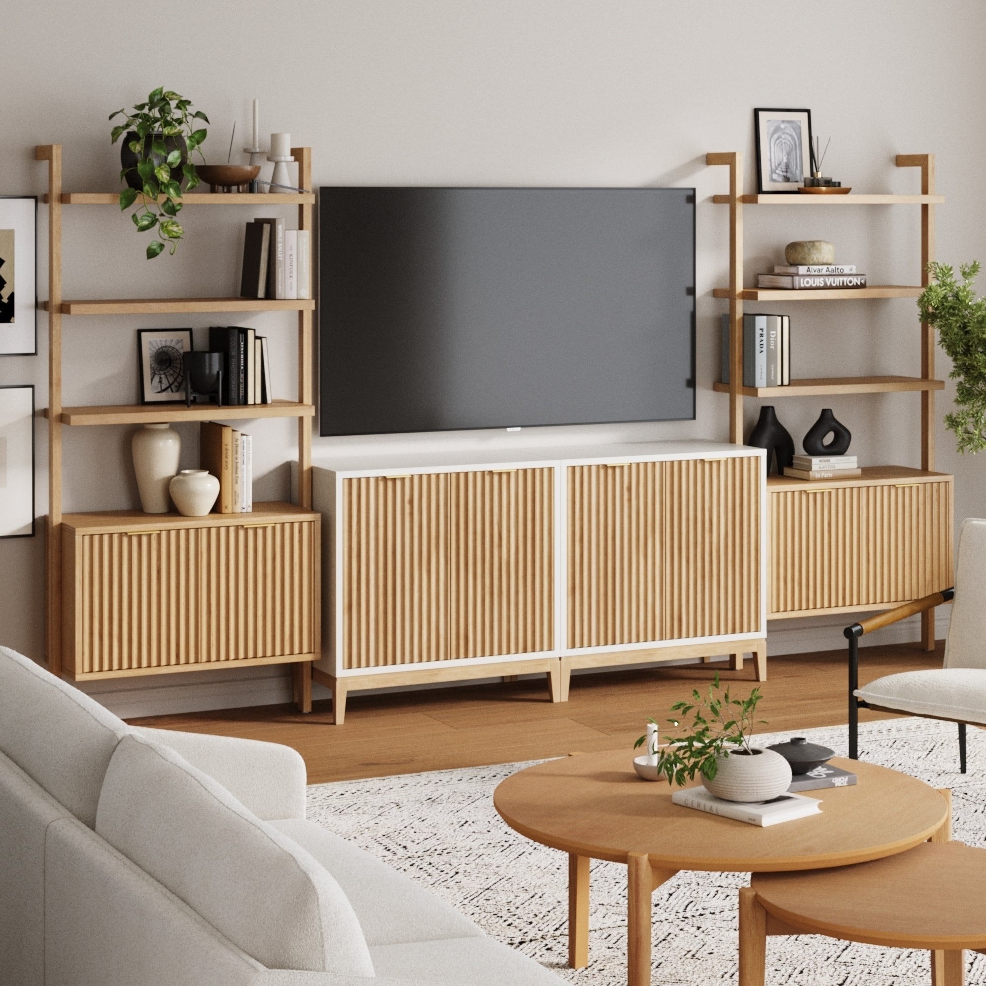 Mid - Century Entertainment Center Light Brown Warm White (2 Cabinets) - Nathan James