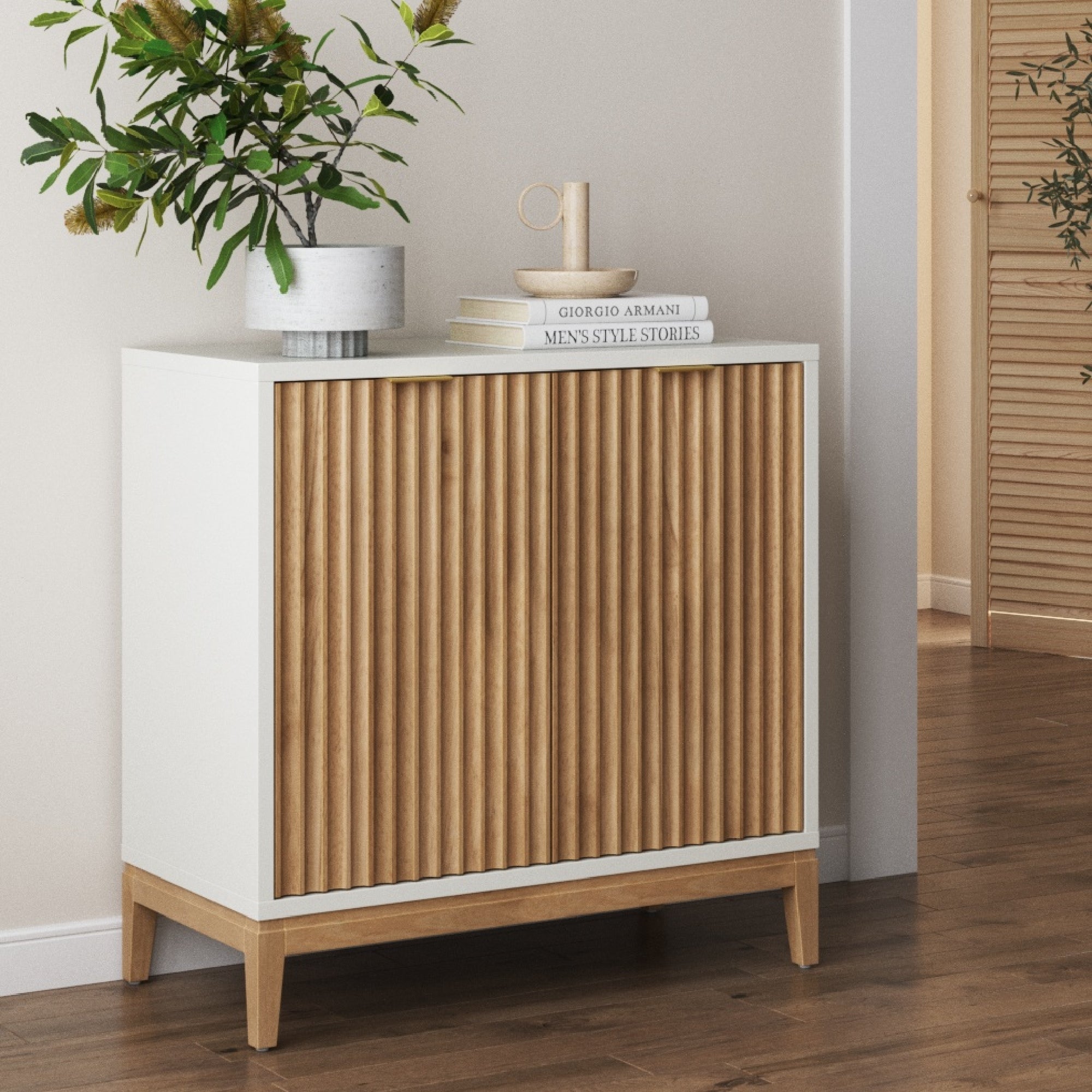 Mid - Century Fluted Storage Cabinet Warm White Warm Pine - Nathan James