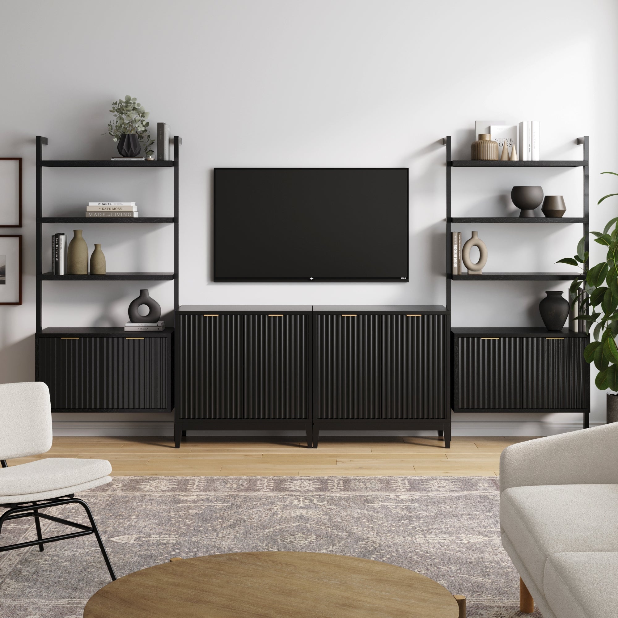 Solid Wood Fluted Entertainment Center Black Oak (2 Cabinets) - Nathan James