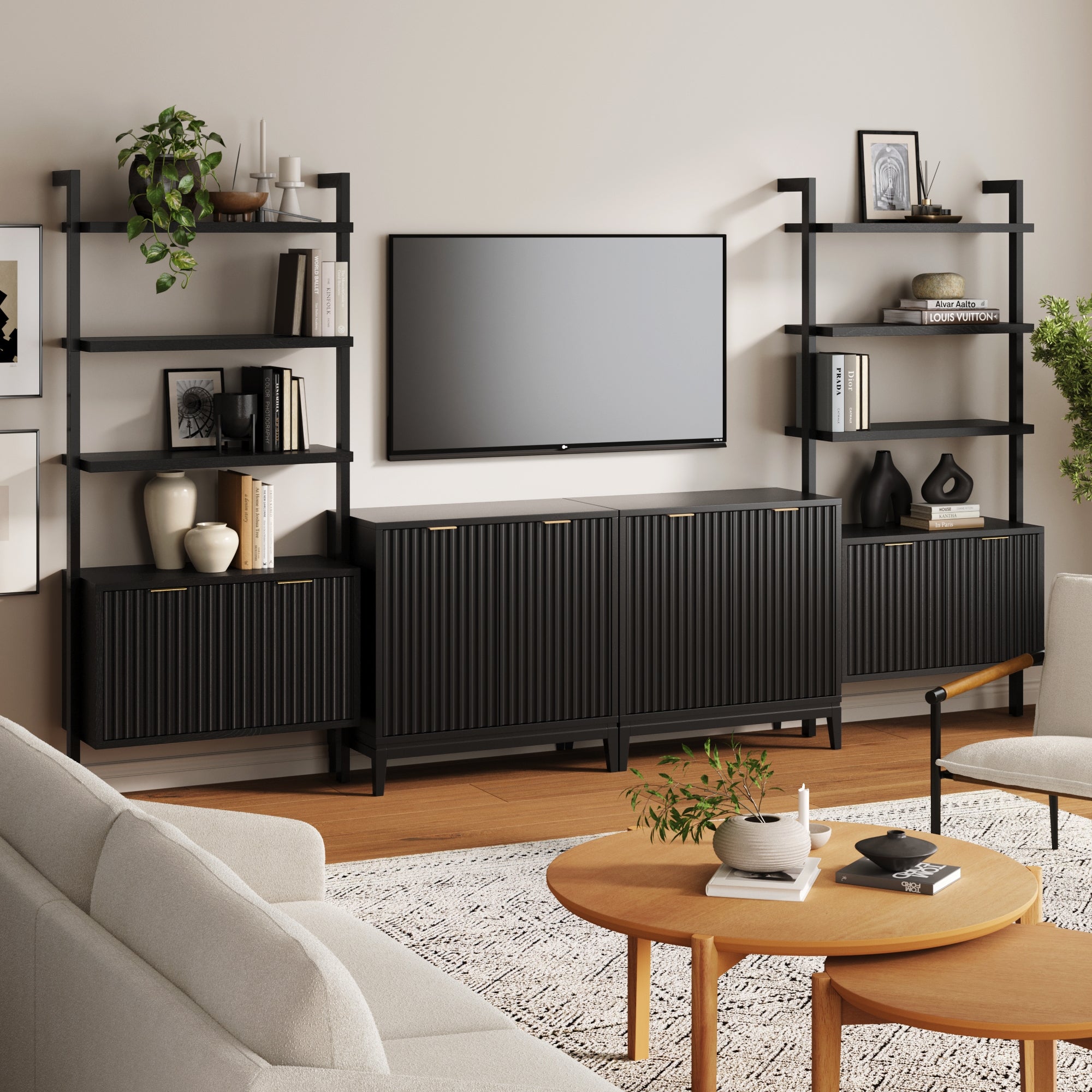 Solid Wood Fluted Entertainment Center Black Oak (2 Cabinets) - Nathan James