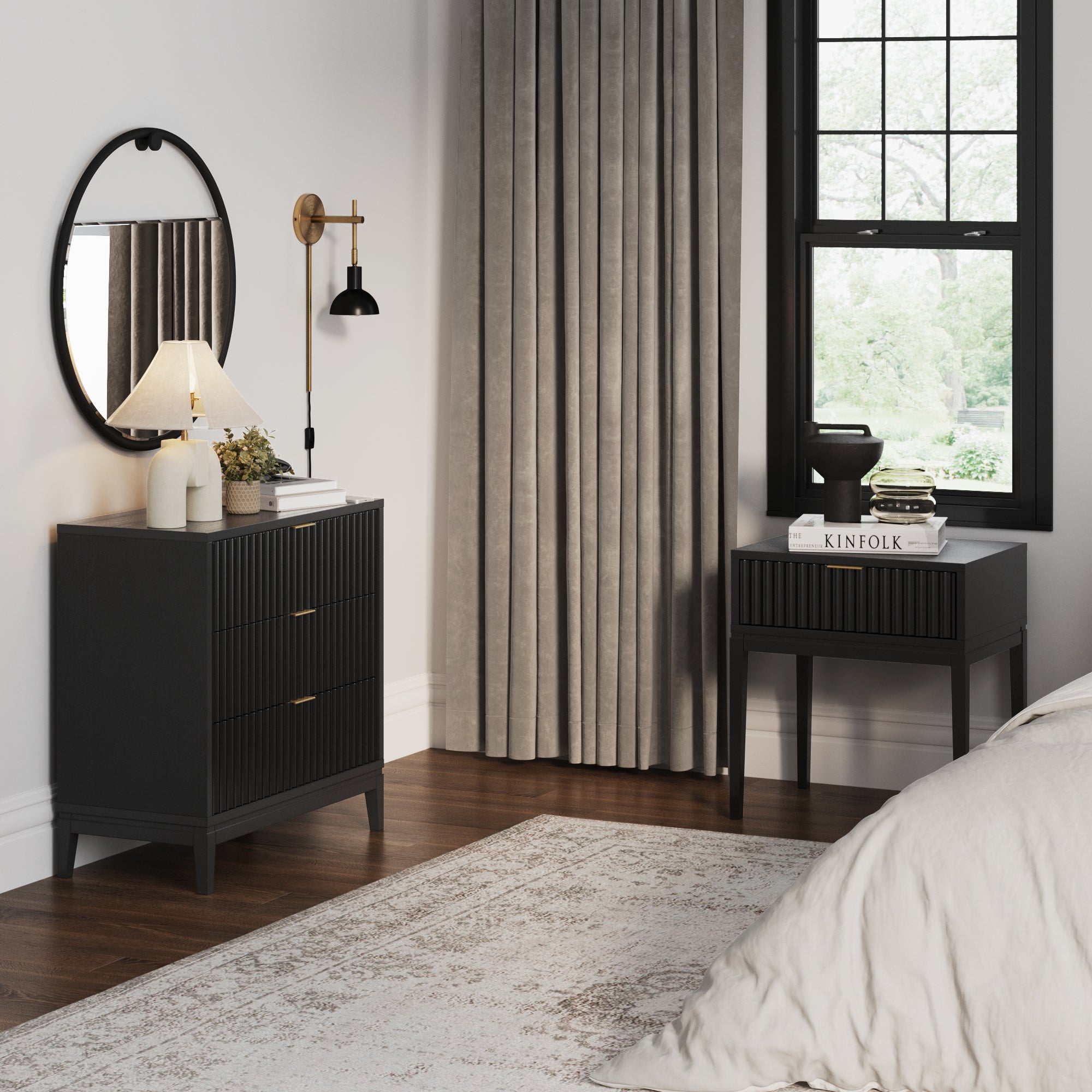 Mid - Century Wooden Fluted Dresser & Nightstand Set Black Oak - Nathan James