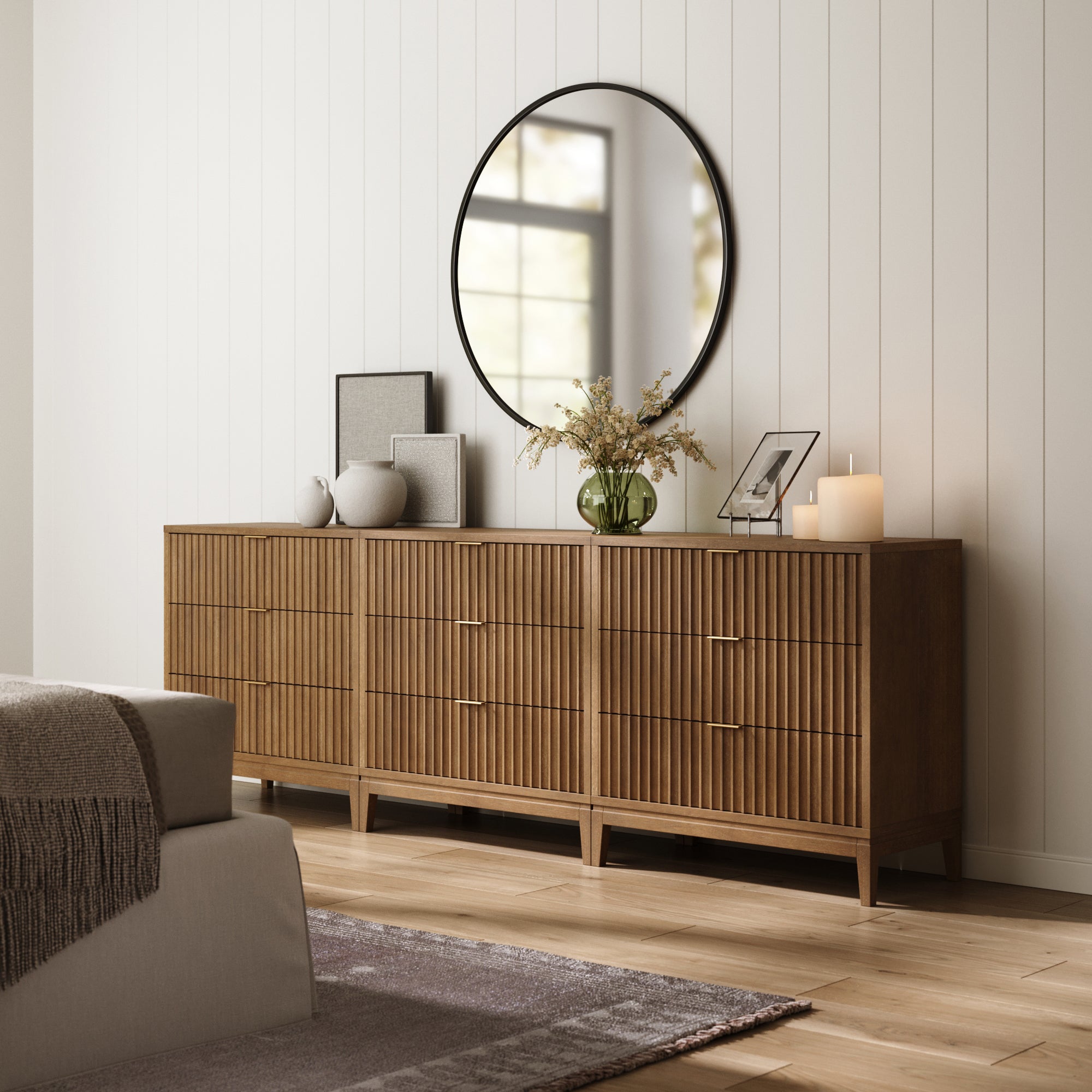 Bohemian Solid Wood 3 - Drawer Fluted Dresser Light Brown (Set of 3) - Nathan James
