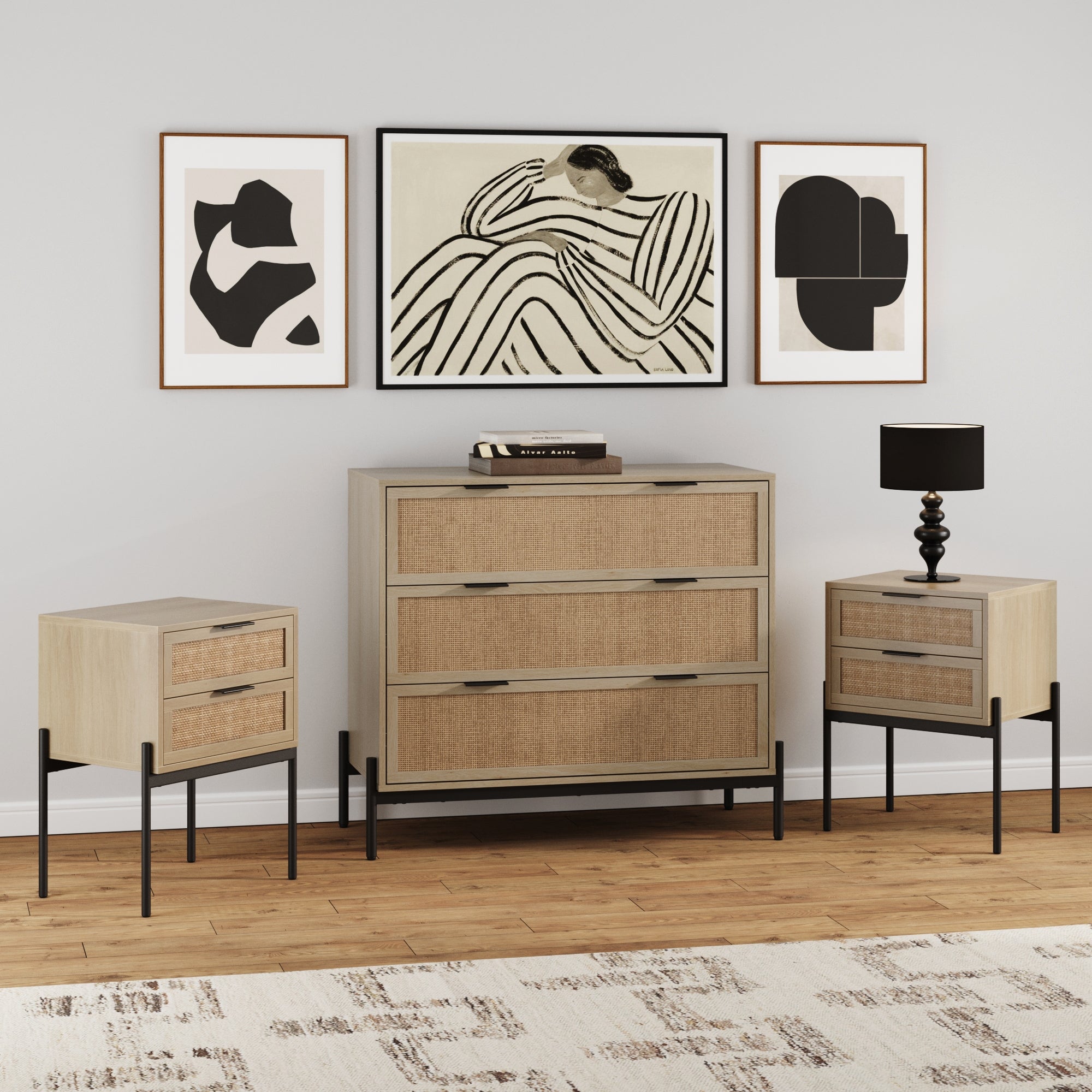 Oak Rattan Nightstand and Dresser Set with Drawers - Nathan James