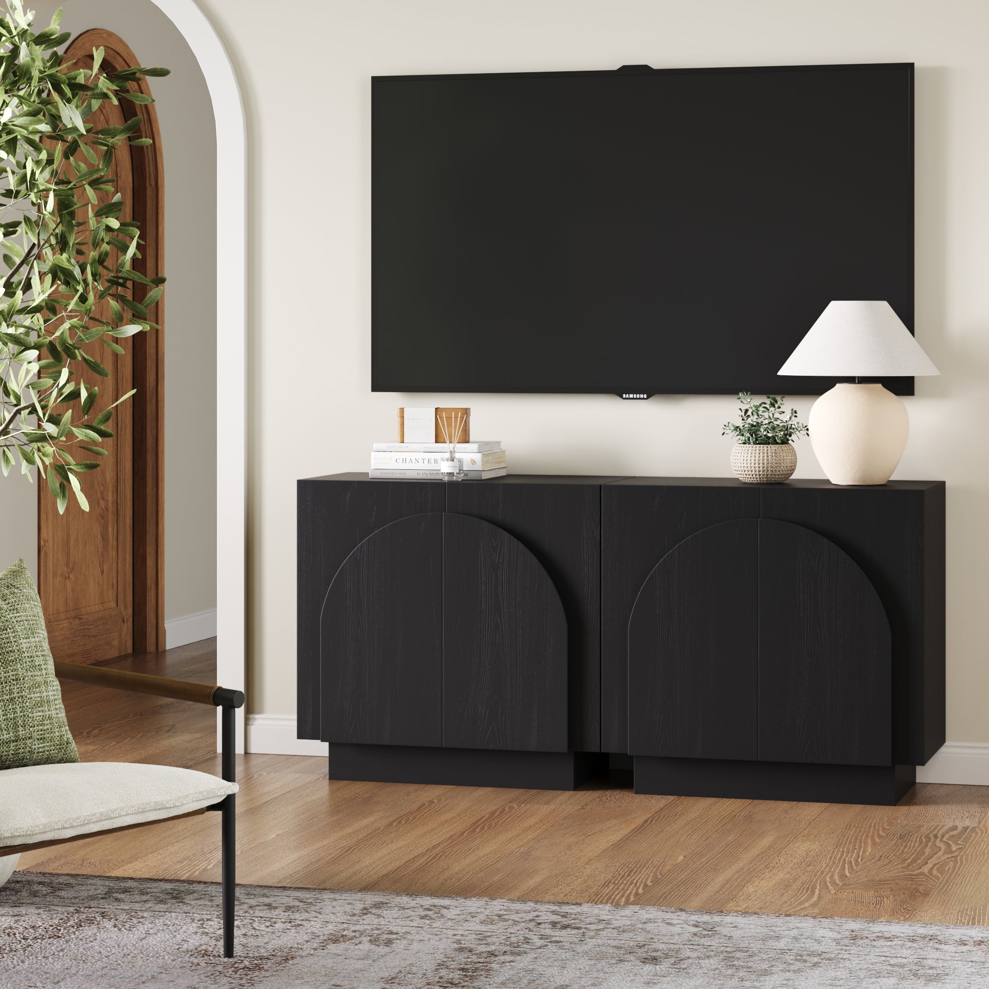 Wood Arched TV Console Stand for TVs 55 - 65" Black - Nathan James