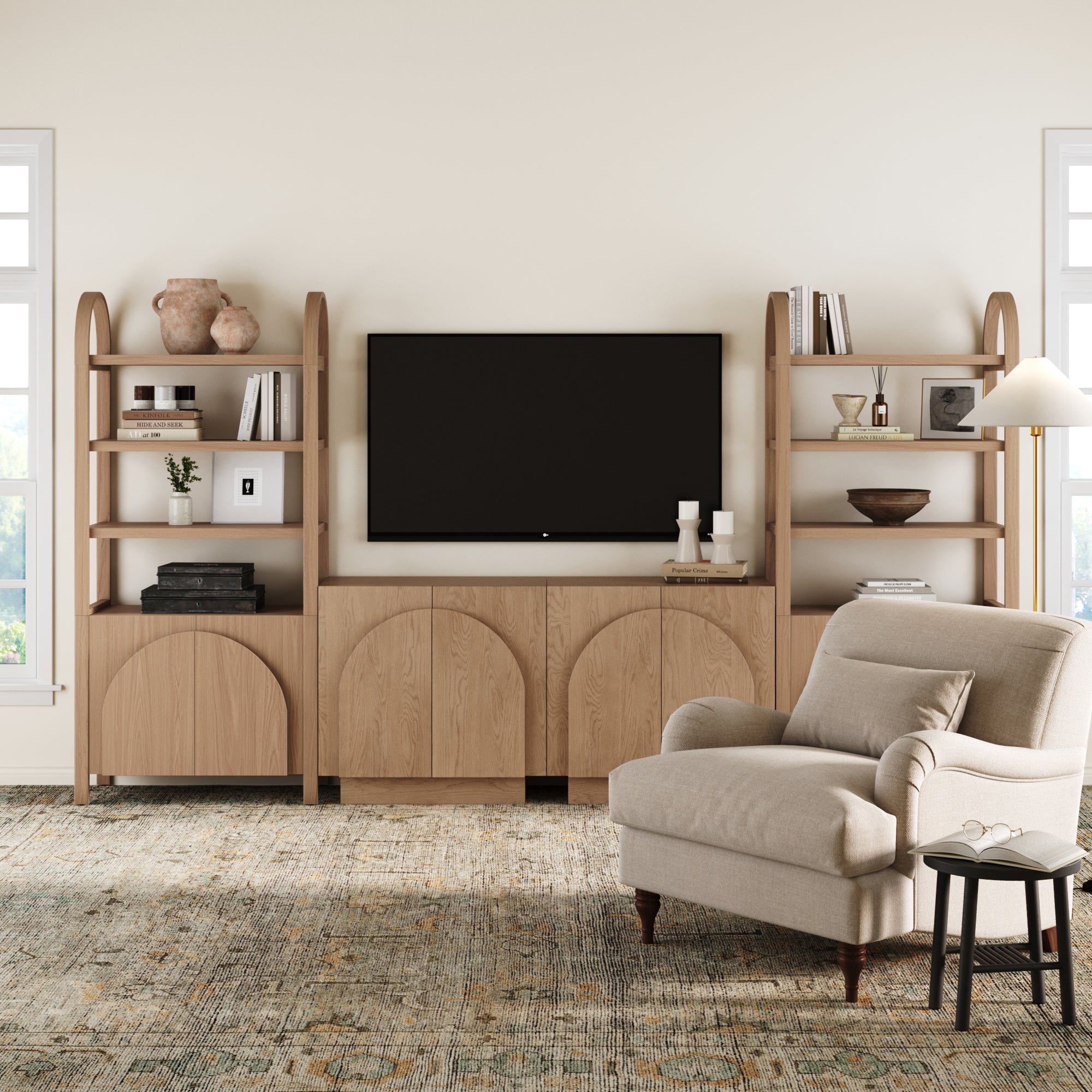 Mid - Century Modern Arched Wood Entertainment Center Oak (2 Cabinets) - Nathan James