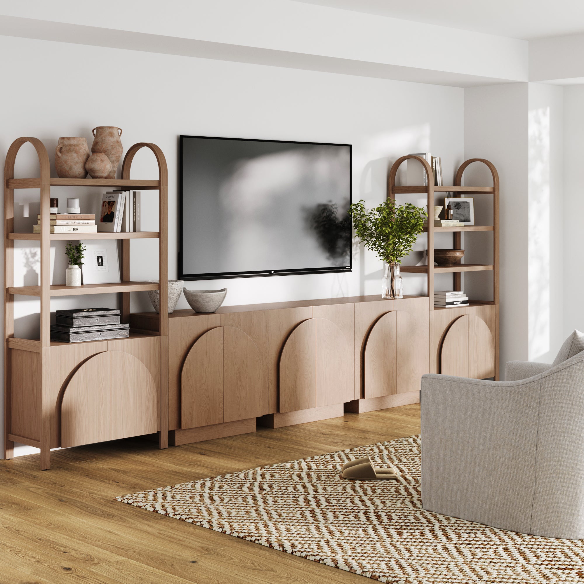 Mid - Century Modern Arched Wood Entertainment Center Oak (3 Cabinets) - Nathan James