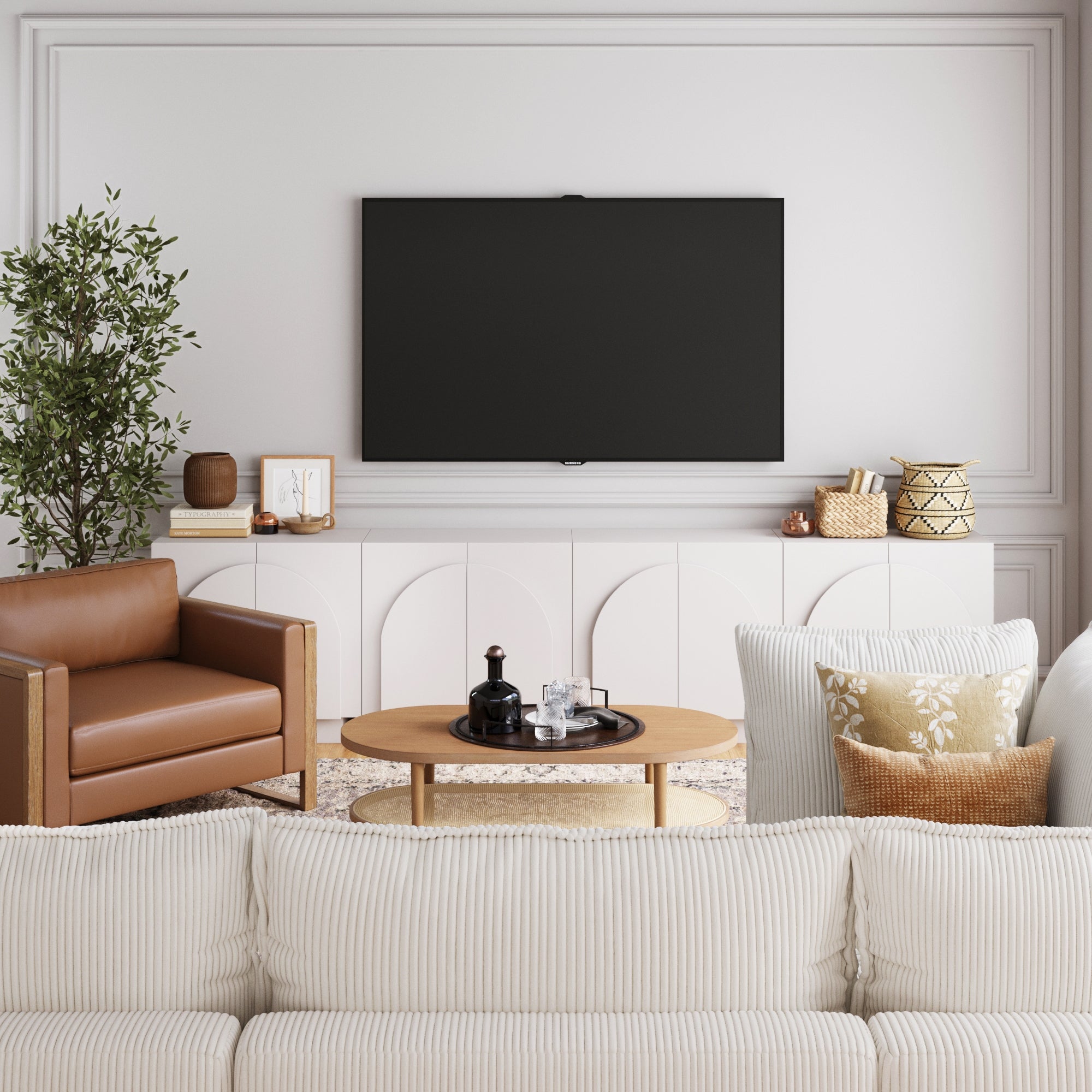 Wood Arched TV Console Stand for TVs 85" White - Nathan James