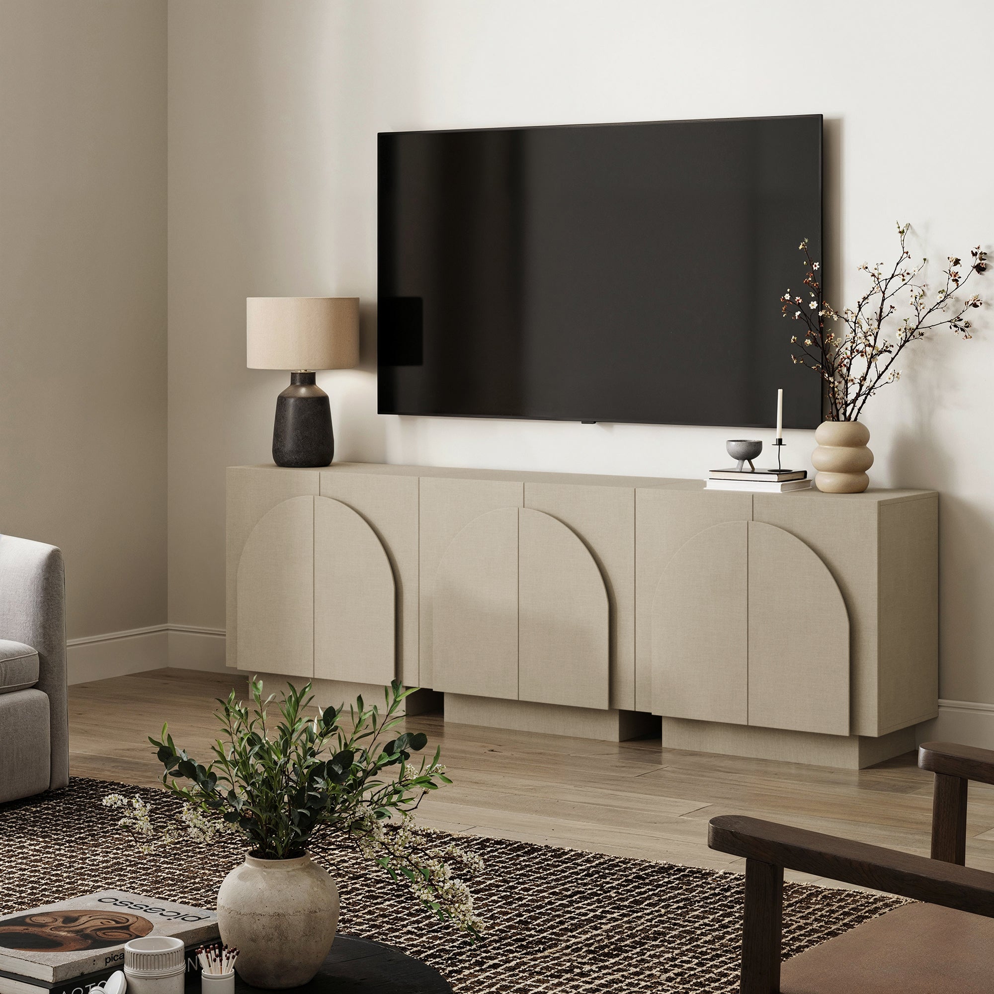 Arched TV Console Cabinet for TVs 75 - 85" Beige Linen - Nathan James