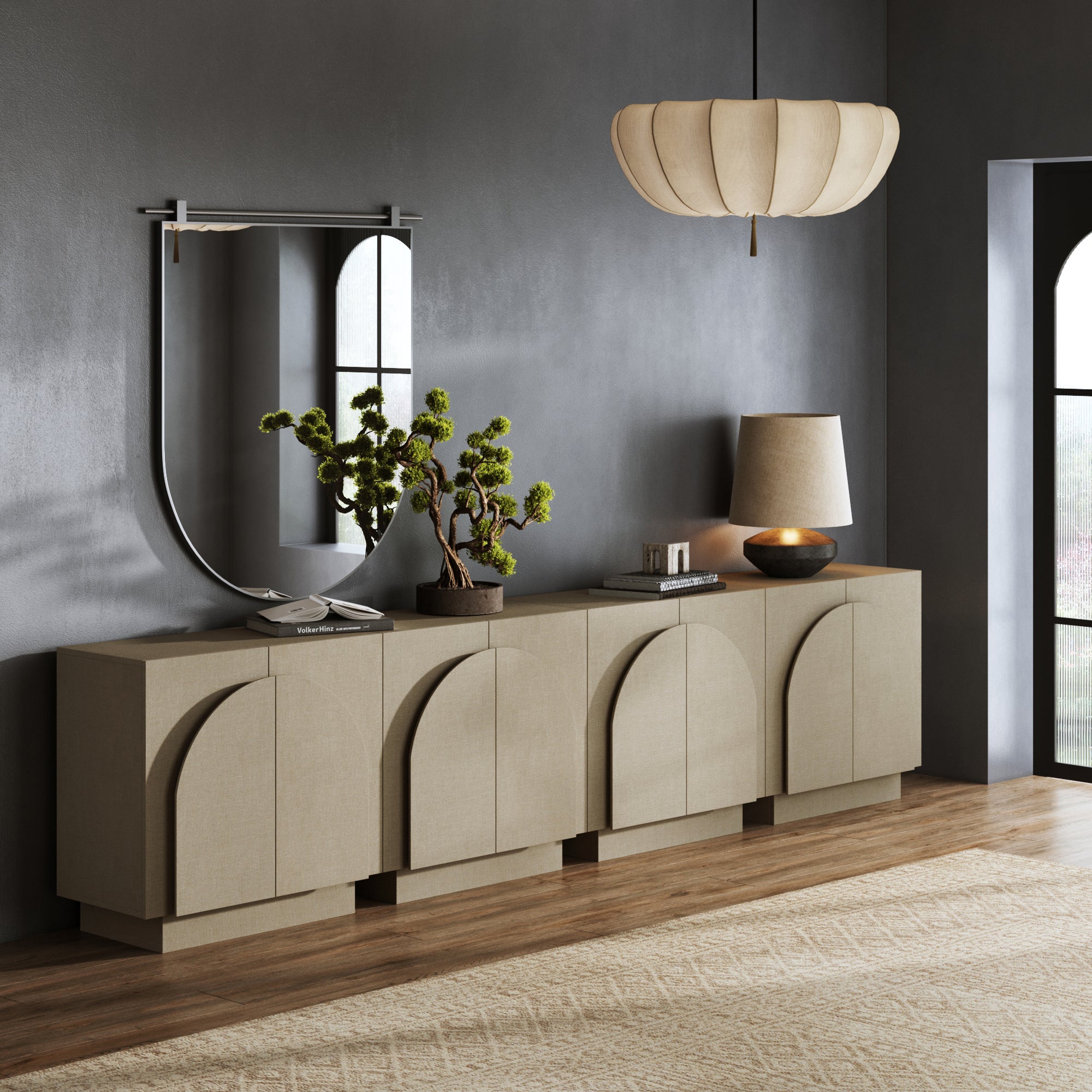 Arched TV Console Cabinet for TVs 85" Beige Linen - Nathan James