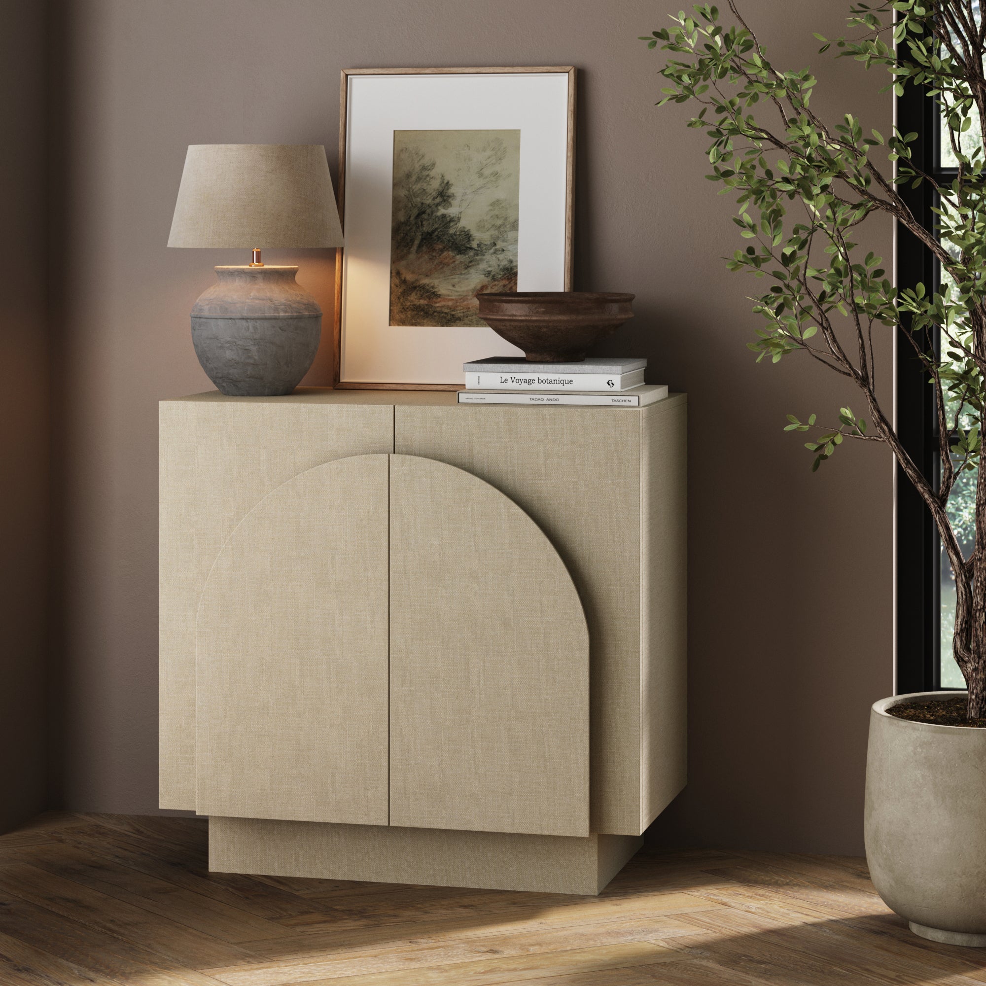 Arched Fabric Wrapped Storage Cabinet Beige Linen - Nathan James